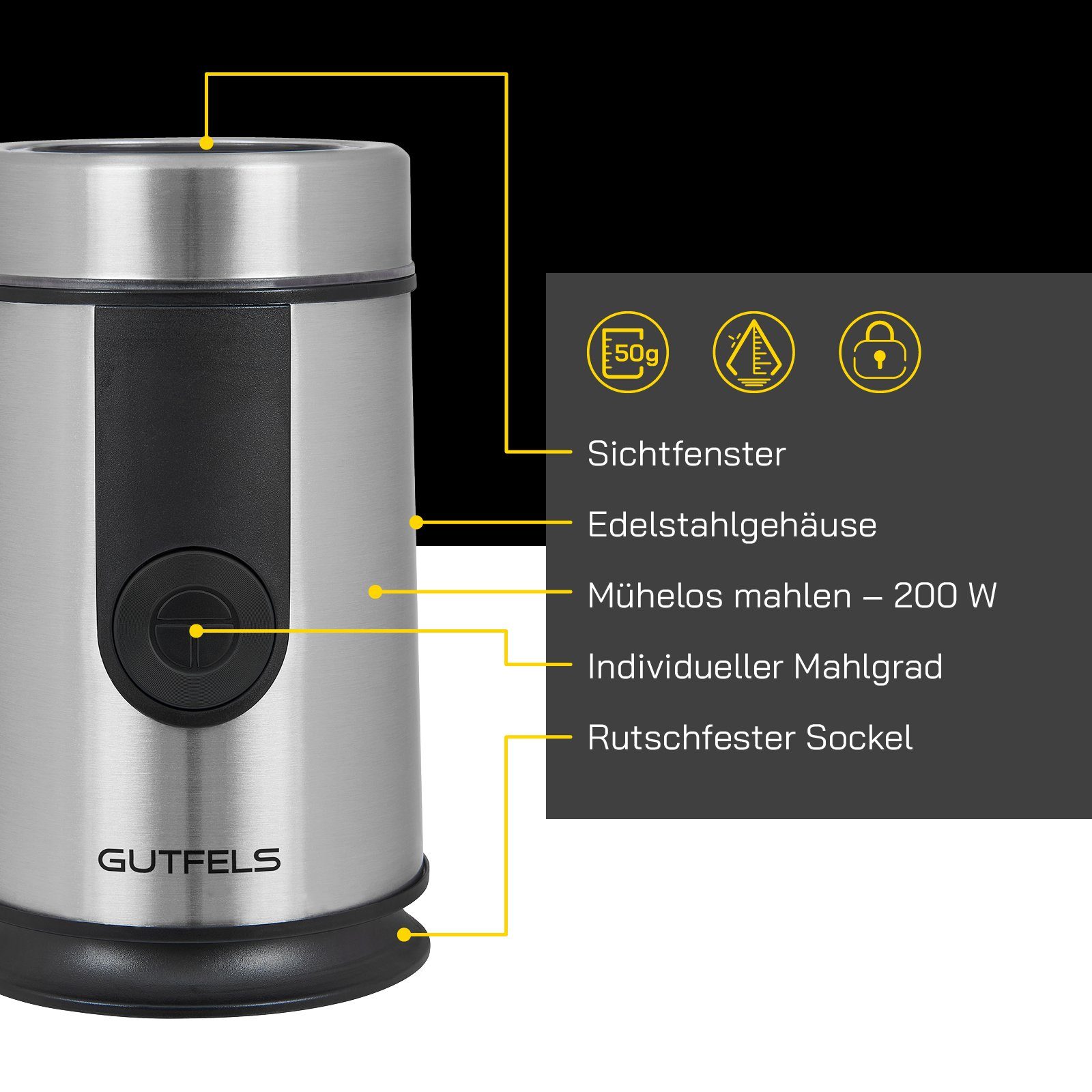 Gutfels Kaffeemühle COFFEE 5010, 200,00 50,00 Kontrolle für Bohnen, W, g Bohnenbehälter, Nüsse, & Edelstahlklinge, Gewürze Mahlgrad