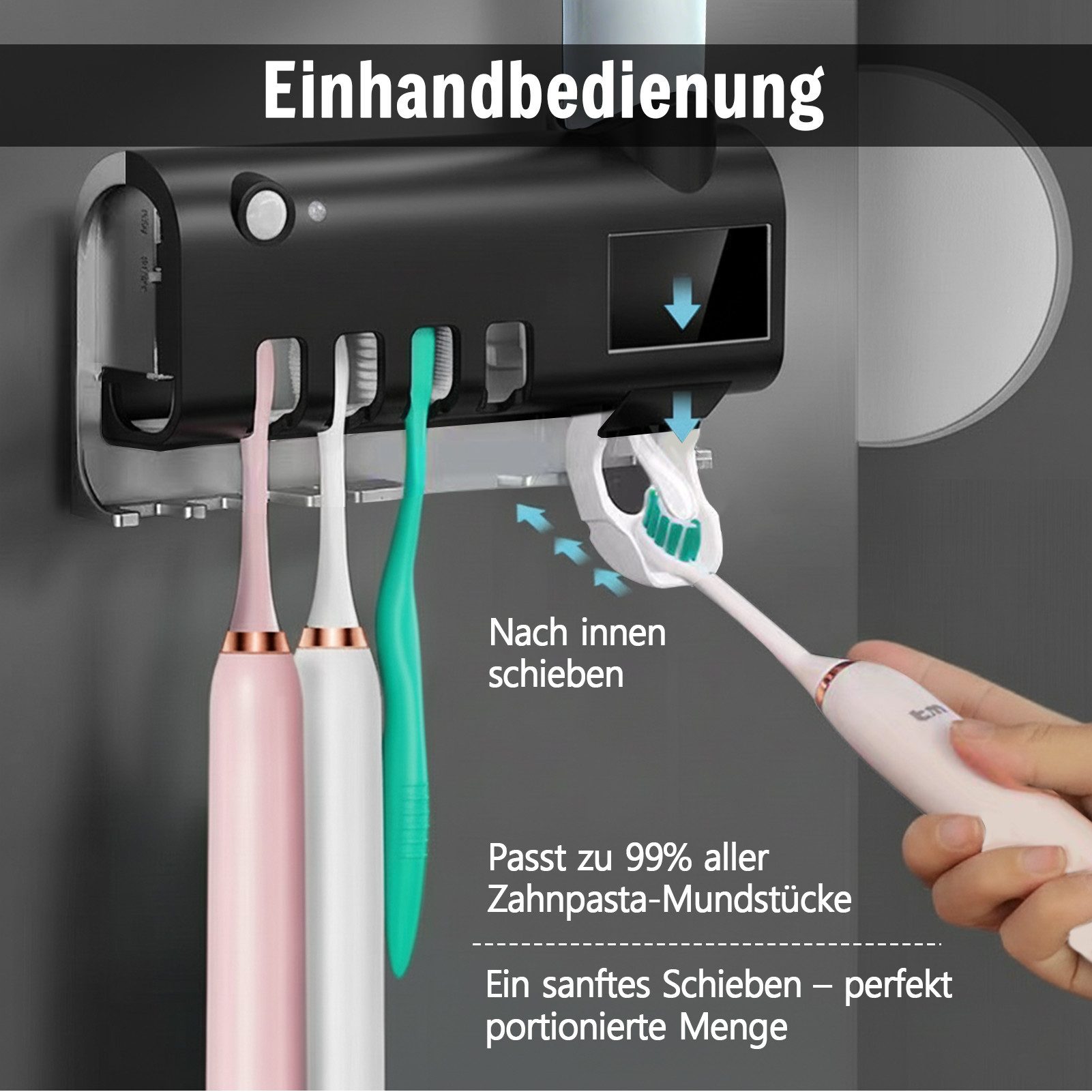 MOPUEA UV-Zahnbürstenhalter Zahnbürstenhalter mit Automatischem Zahnpastaspender UV-Sterilisation, UV-Zahnbürstenhalter mit Sterilisator und Zahnputz-Quetscher, – Bild 3 von 5