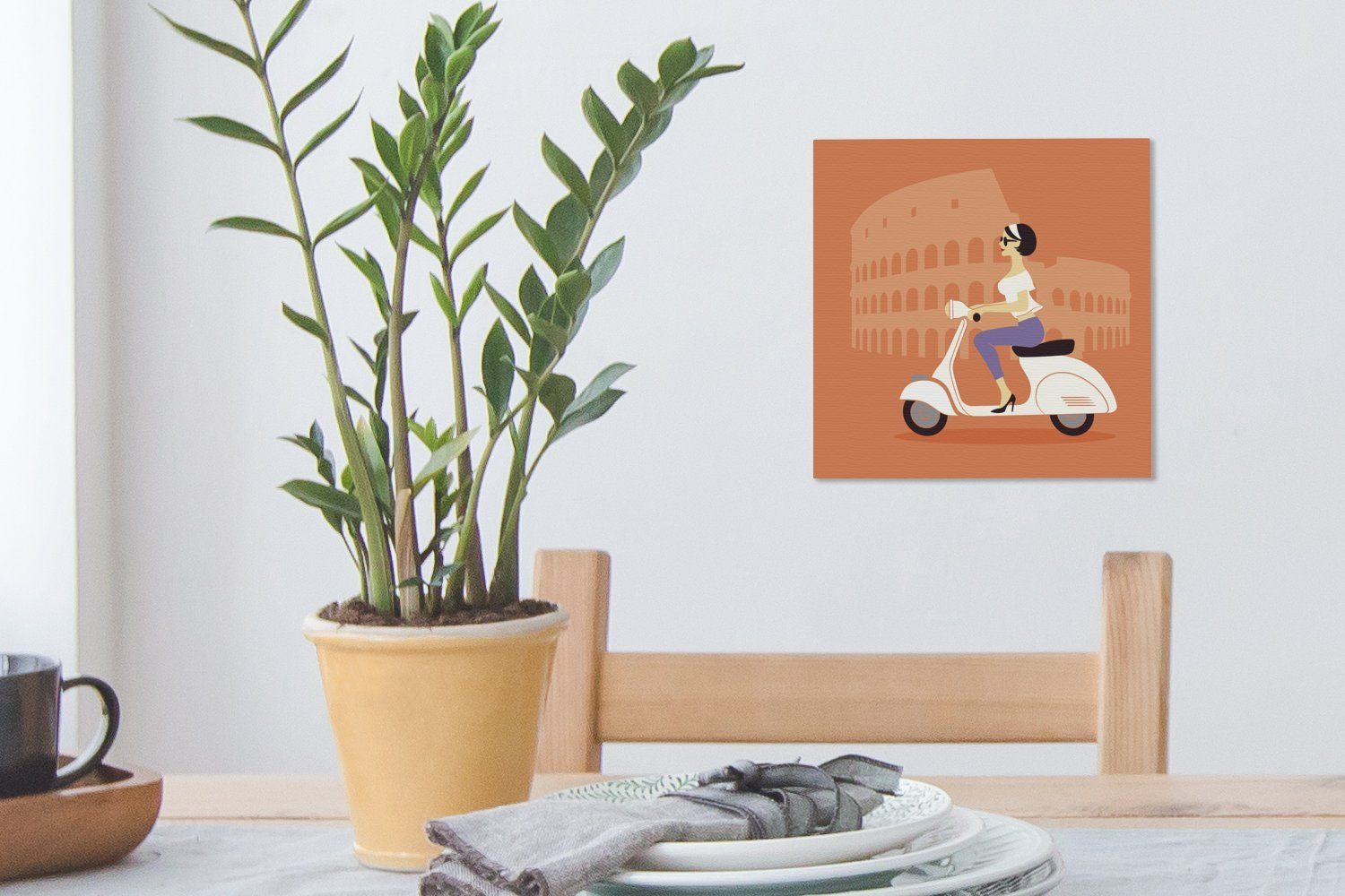 italienischen OneMillionCanvasses® Eine einem St), Illustration für Leinwand eines auf Mädchens Wohnzimmer Leinwandbild Schlafzimmer (1 Motorroller, Bilder