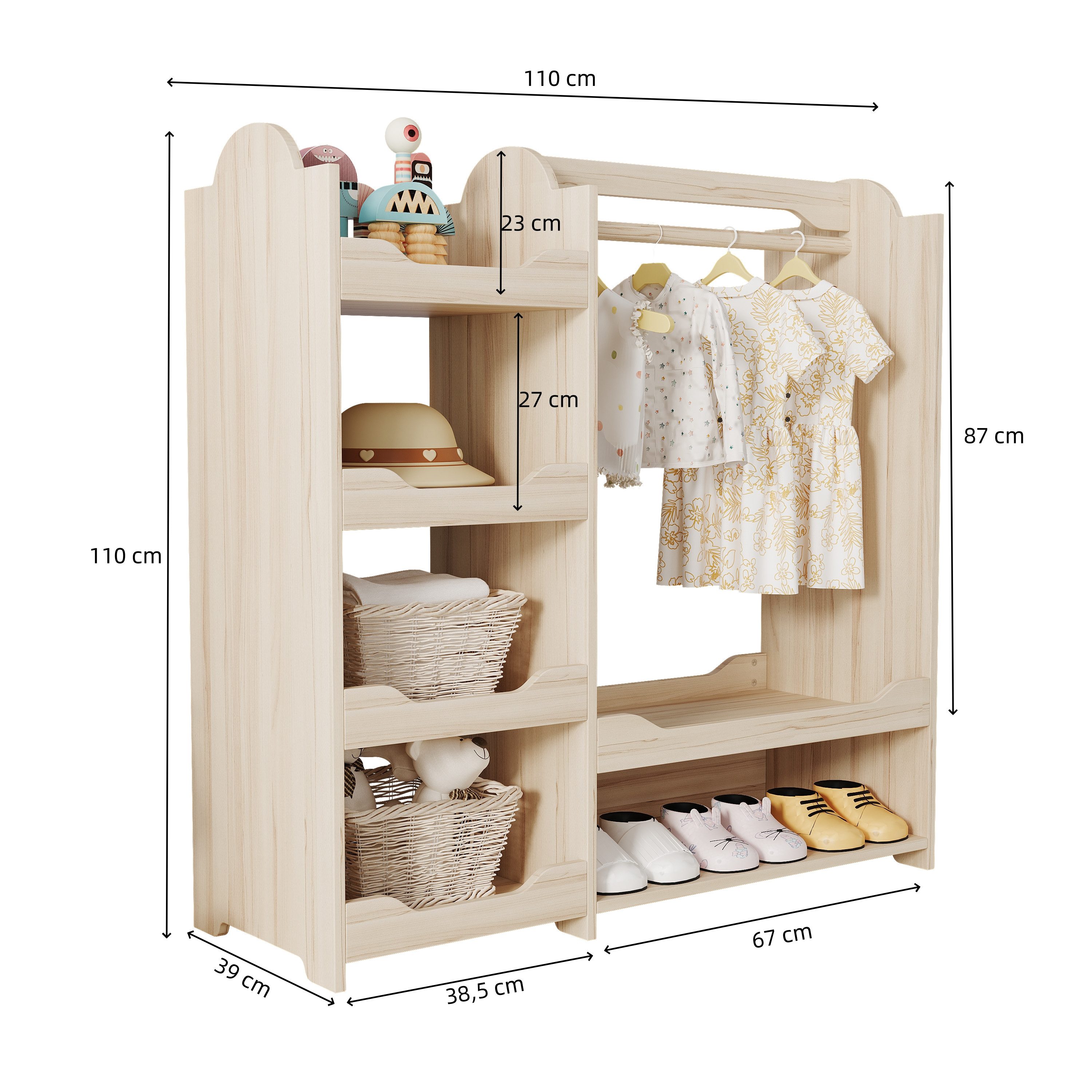 Flieks Garderoben-Set, Kleiderständer Kindergarderobe mit Stange und 4 Regal 110x39x110cm