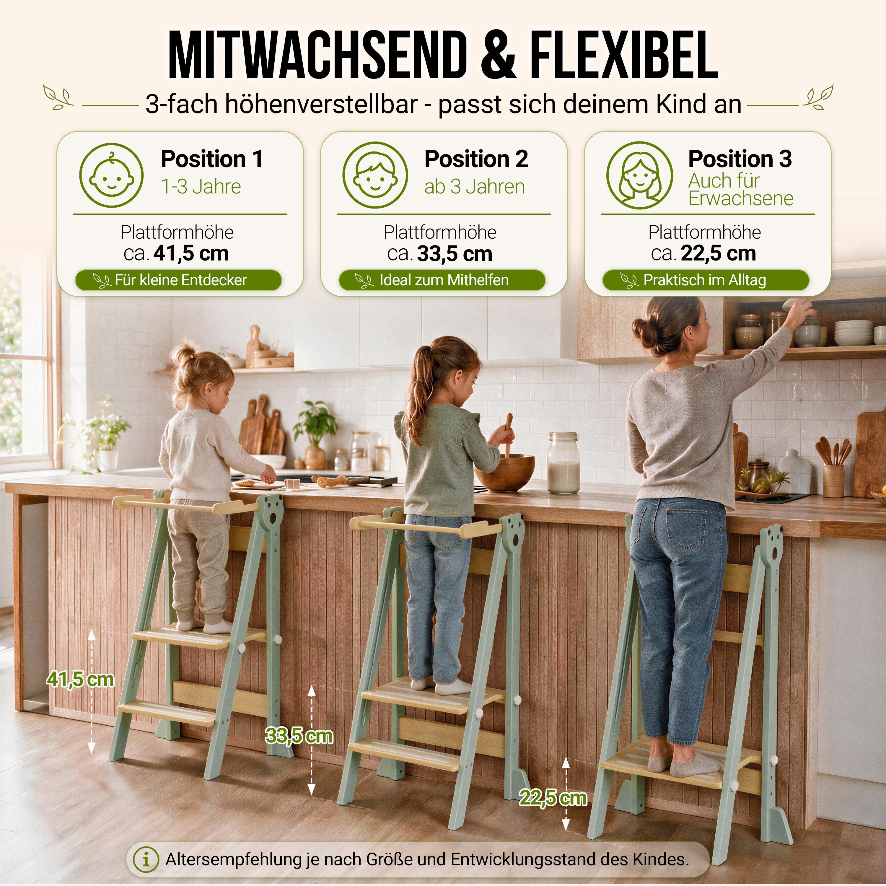 CADANI Stehhilfe JONAS Lernturm ab 1 Jahr klappbar und bis 75 kg belastbar (Grün, Montessori Küchenhelfer & Tritthocker), Klappbar, 3-fach höhenverstellbar, mitwachsend