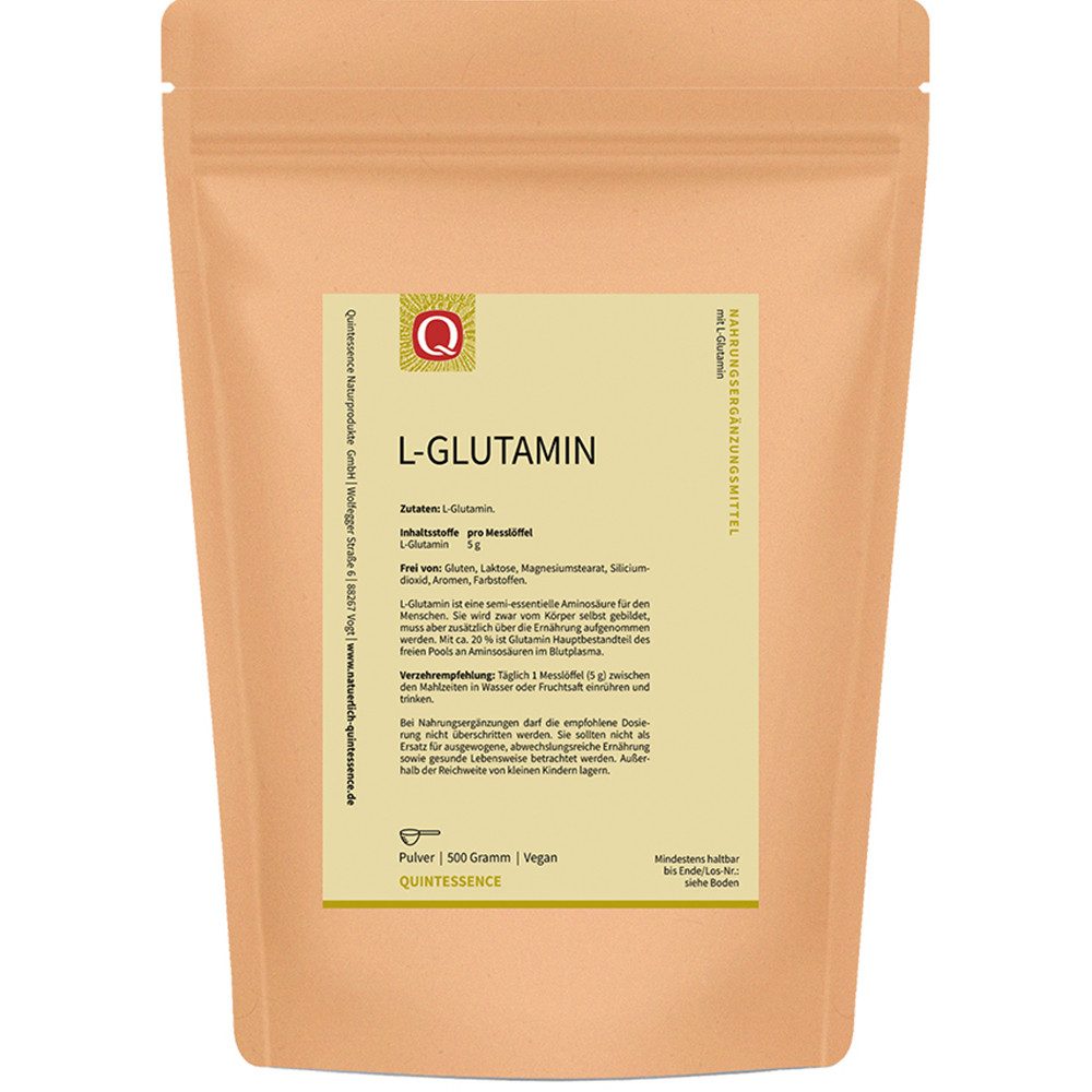 Quintessence L-Glutamin 500 g – 100 % reines L-Glutamin-vegan-ohne Zusatzstoffe - Pulver, 500 g, Hochwertige Premiumqualität - aus pflanzlicher Fermentation