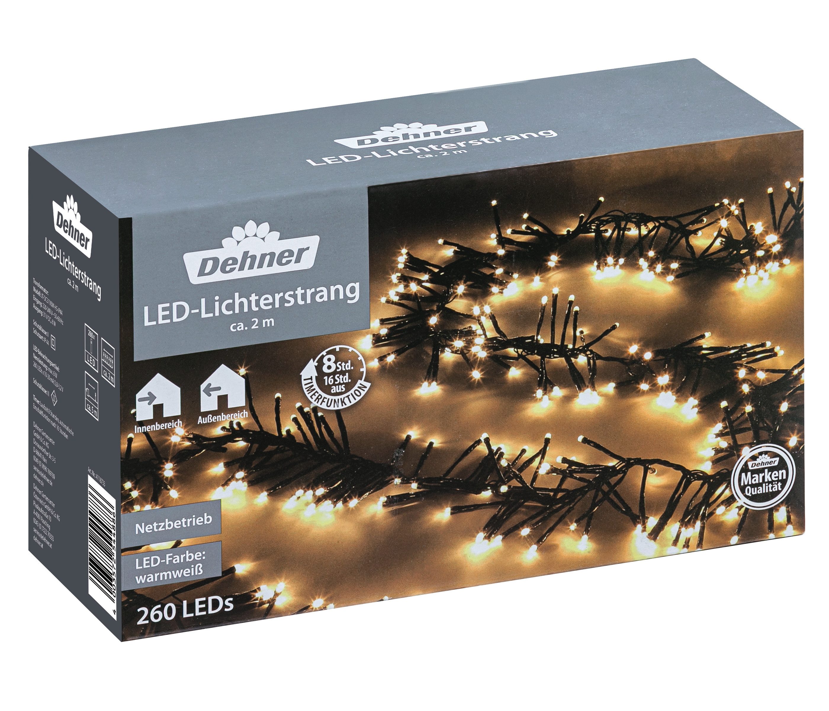 Dehner LED-Lichterkette LED Lichterstrang, 260 LEDs, warmweiß, Длина 2 m, LED Lichterkette für Innen und Außen, energiesparend und langlebig