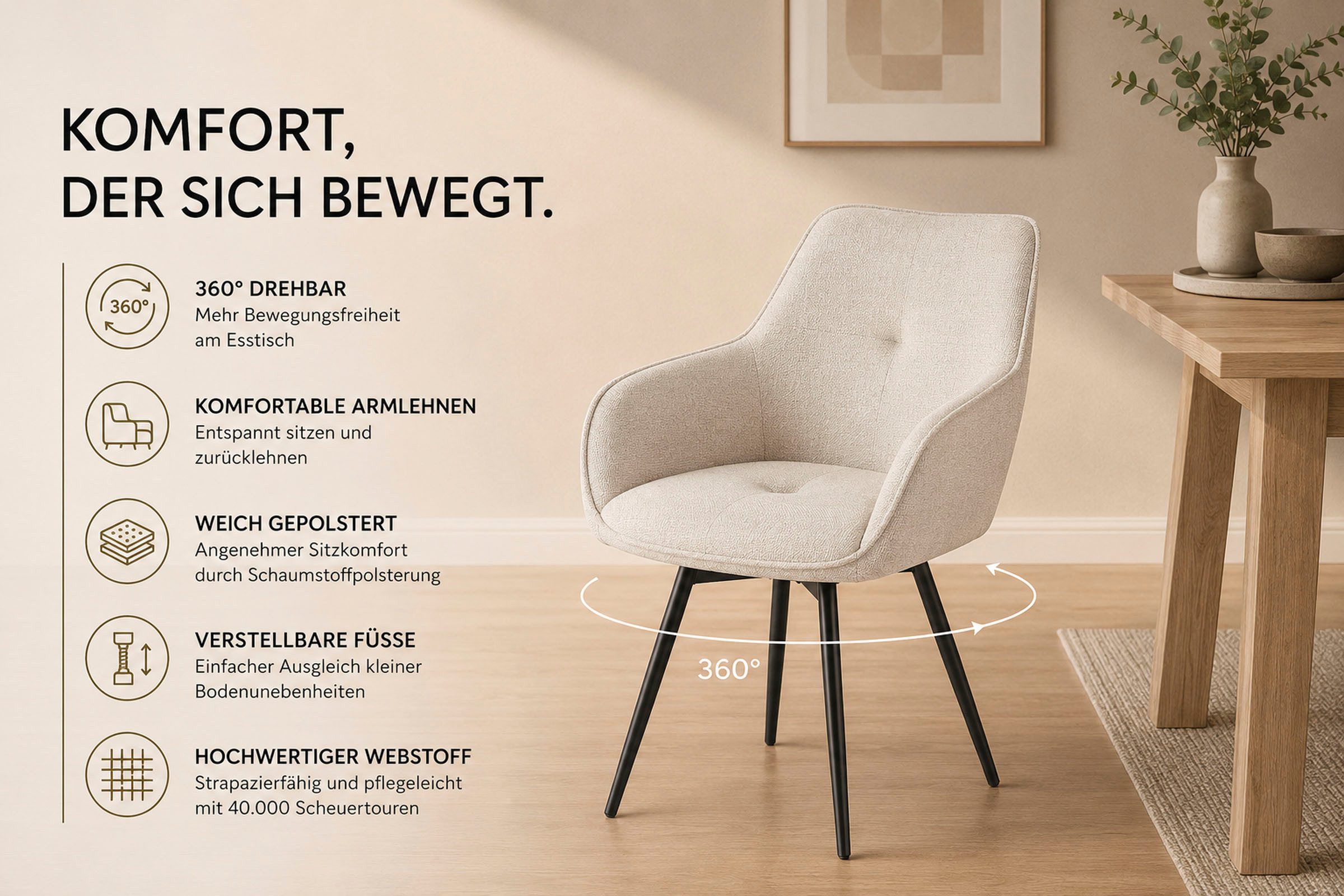 OTTO home Esszimmerstuhl Azura, 2er-Set (2 St), Moderner Armlehnstuhl mit 360 Grad drehbarer Sitzschale in Webstoff – Bild 3 von 5