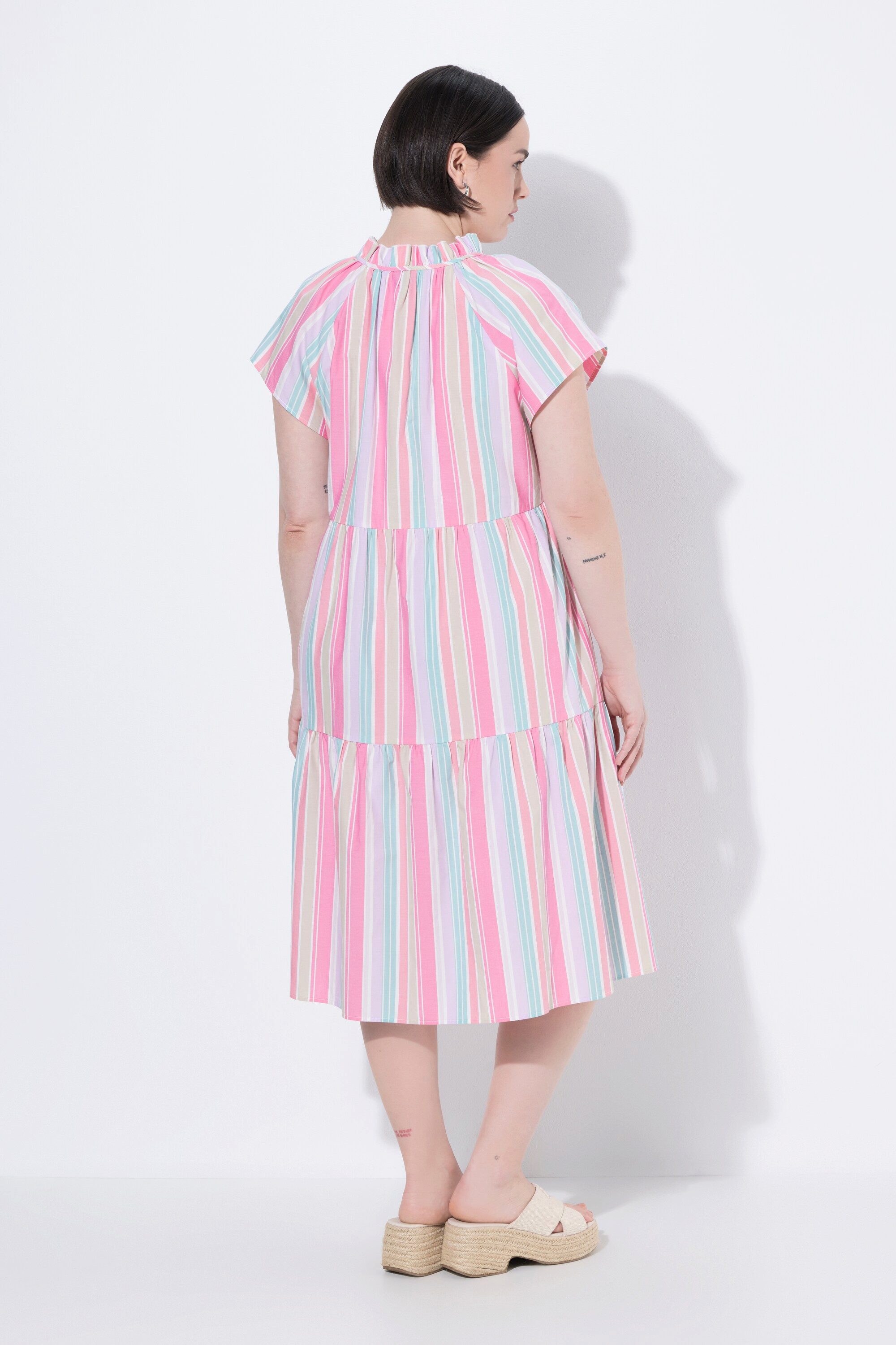 Ulla Popken Midikleid Midikleid Streifen A-Linie Rundhals Ärmelvolant