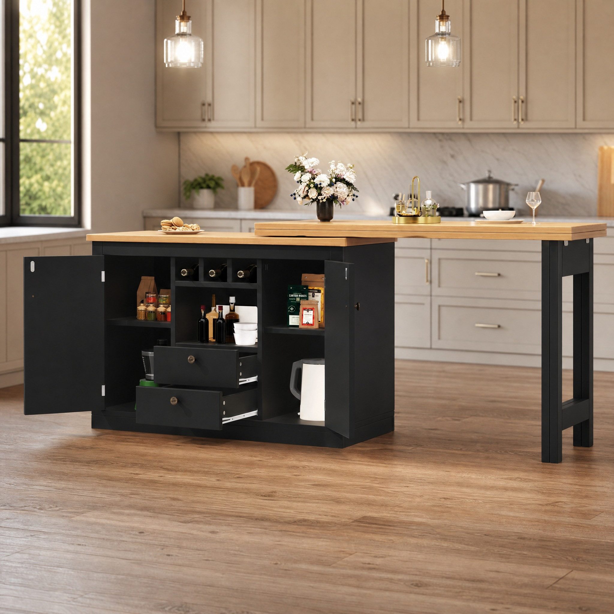 OKWISH Bartisch für Wohnzimmer, Esszimmer, Homeoffice (Moderner Bartisch ausziehbar 120–180 cm mit 360° Drehfunktion & Stauraum, Sideboard-Esstisch, 1-St., 120-180 cm)