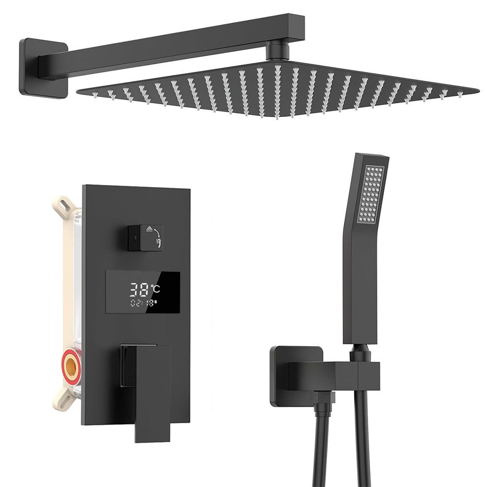 XIIW Duscharmatur Unterputz Duschsystem Schwarz Duschset 30x30cm Regendusche Komplettset (mit Temperatur LCD Display, Messing & Edelstahl, Keramik Ventilkern, 12″ Kopfbrause Einstellbarer) mit Handbraus, 1.5m Brauseschlauch