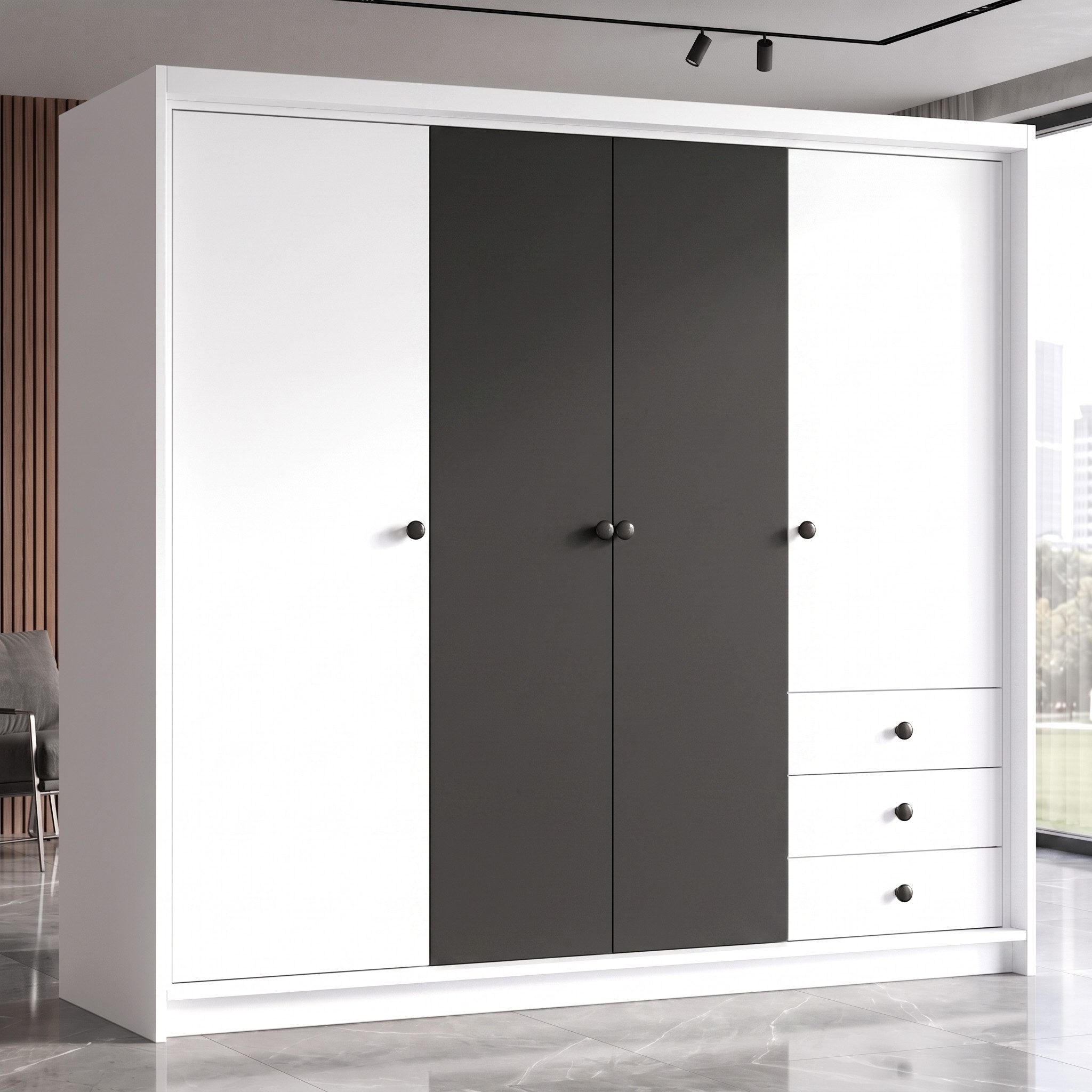 A&J MöbelLand GmbH Drehtürenschrank FALKEN– viertüriger Kleiderschrank 200 cm (Geräumiger viertüriger Kleiderschrank mit Schubladen. Geräumiger Schrank mit einer Breite von 200 cm und Schubladen, ideal zur Aufbewahrung von Kleidung und Accessoires. Viel Stauraum. TOP PRODUKT! Wählen Sie das ideale Modell für Ihr Schlafzimmer!, TOP ANGEBOT) Breite: 200 cm, Höhe: 215 cm, Tiefe: 59,5 cm