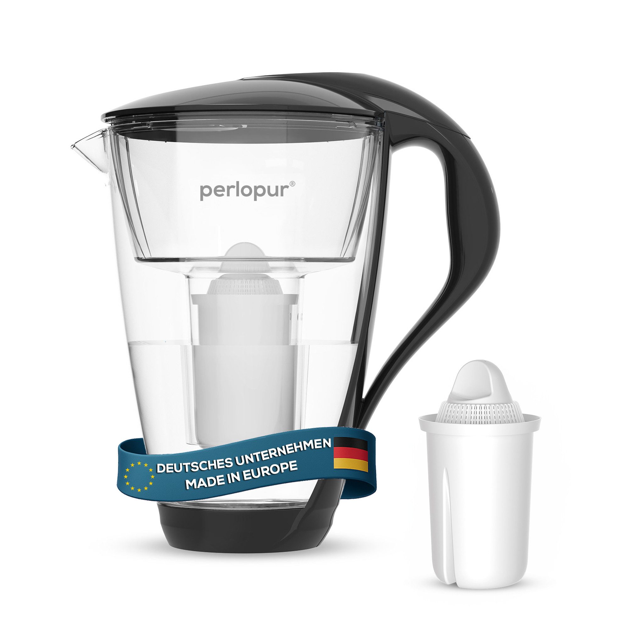 PerloPur Wasserfilter Glas Schwarz Inkl. 1 Universal Filterkartusche, Zubehör für Brita Classic u. PearlCo Classic