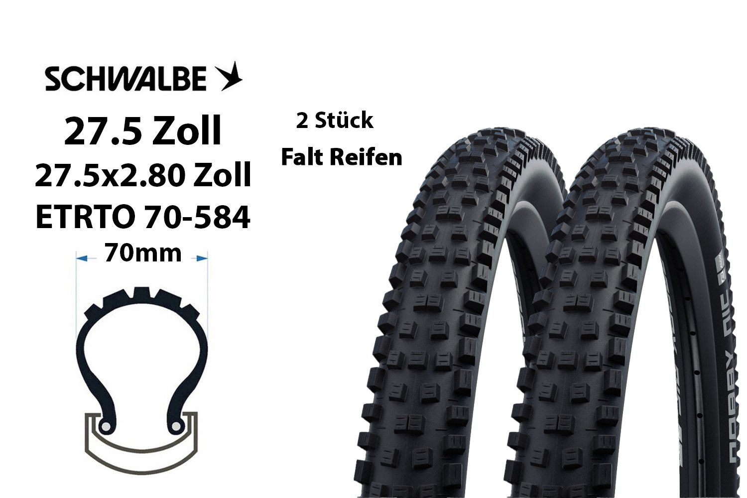 Fahrradreifen 2 Stück 27.5 Zoll Fahrrad FALT Reifen SCHWALBE 27.5x2.80 MTB 70-584