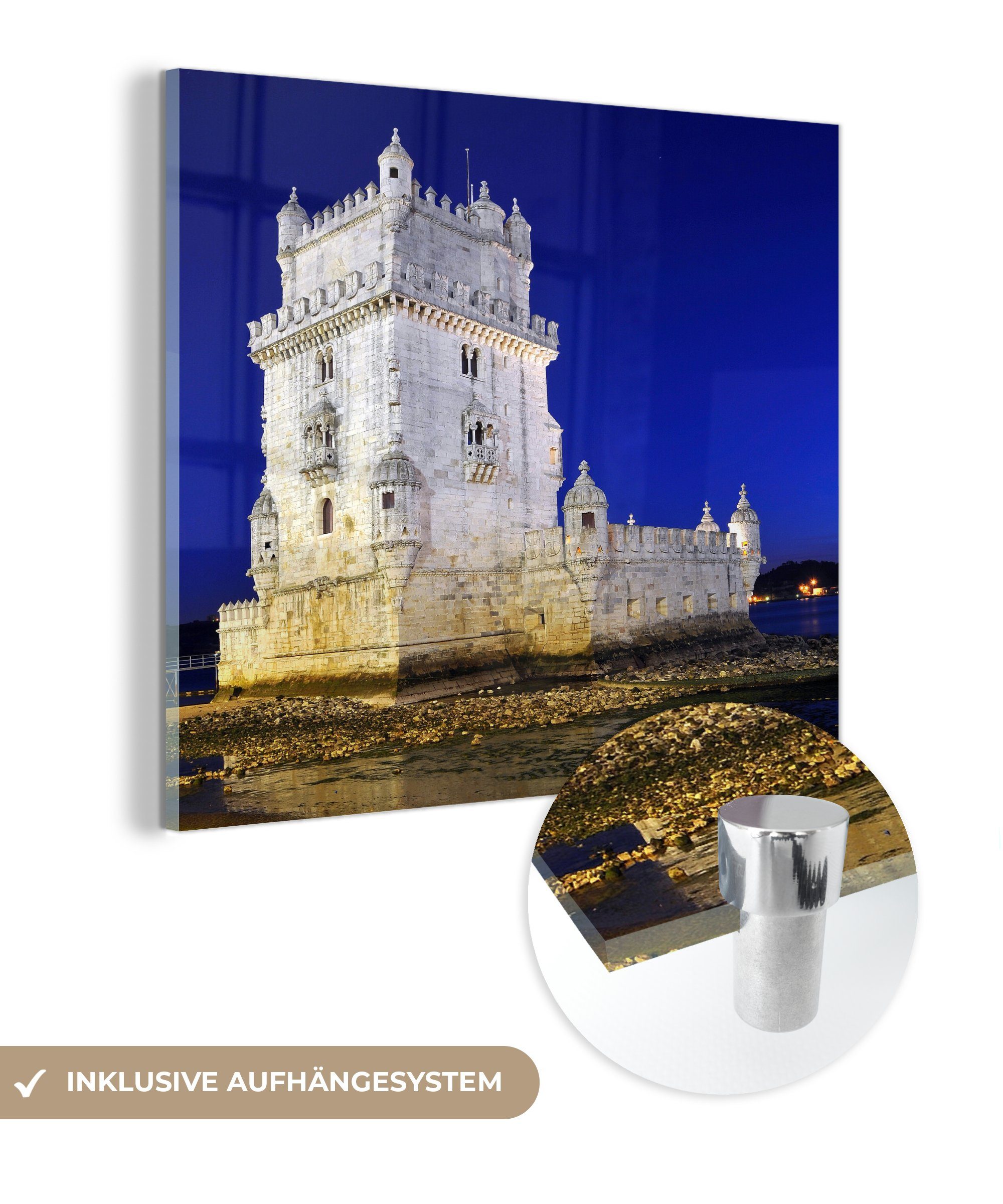 MuchoWow Acrylglasbild Torre de Wanddekoration Glas Nacht, St), - Belém Glasbilder bei - Wandbild auf - Foto (1 Bilder Glas auf
