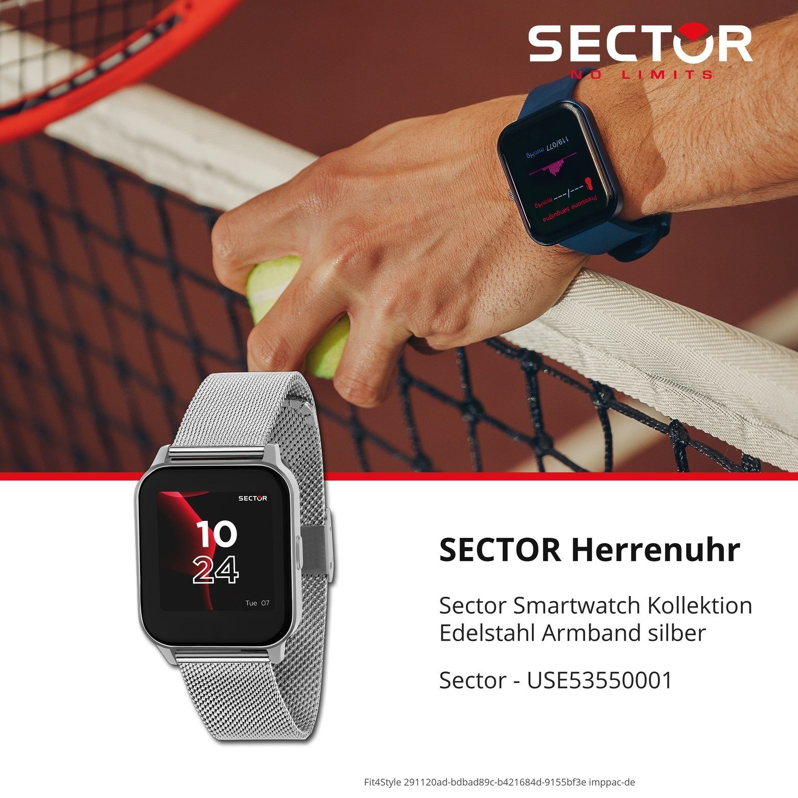 Sector Sector Herren Armbanduhr Analog-Digit Smartwatch (kompatibel ab Android 5.1+ und IOS 8.0), Analog-Digitaluhr, Herren Smartwatch rund, groß (ca. 45mm), Edelstahlarmband silber, Spor