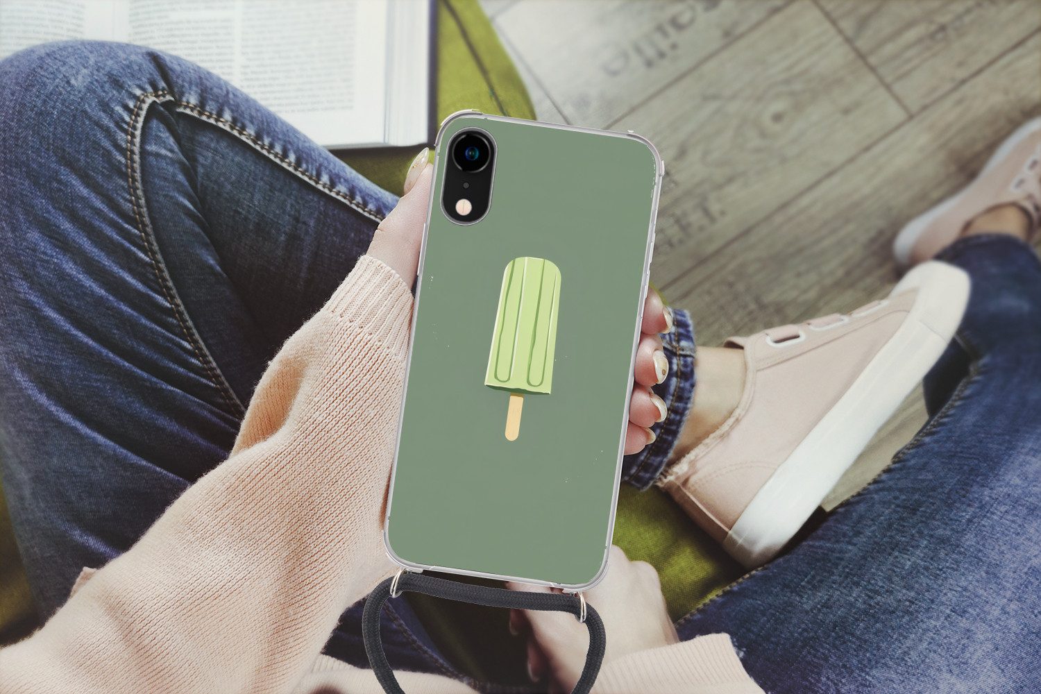 MuchoWow Handyhülle für Apple iPhone XR Grün - Wassereis - Stock - Illustration, Tragbare Handyhüllen mit Kette zum umhängen, Handykette Handyband