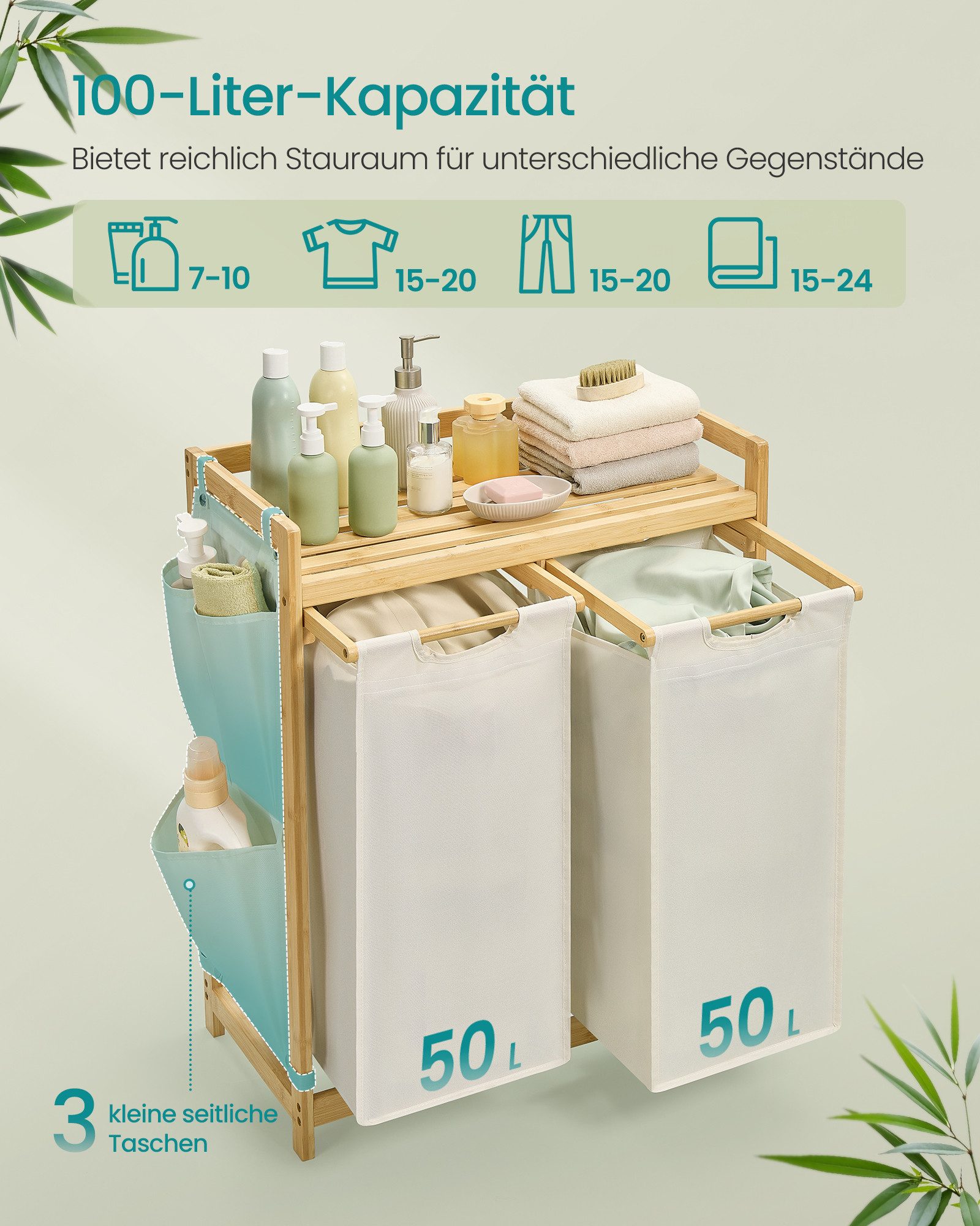 SONGMICS Wäschekorb Wäschesammler, 2 Fächer, Wäschekorb Wäschesammler, 4 Fächer – Bild 3 von 5