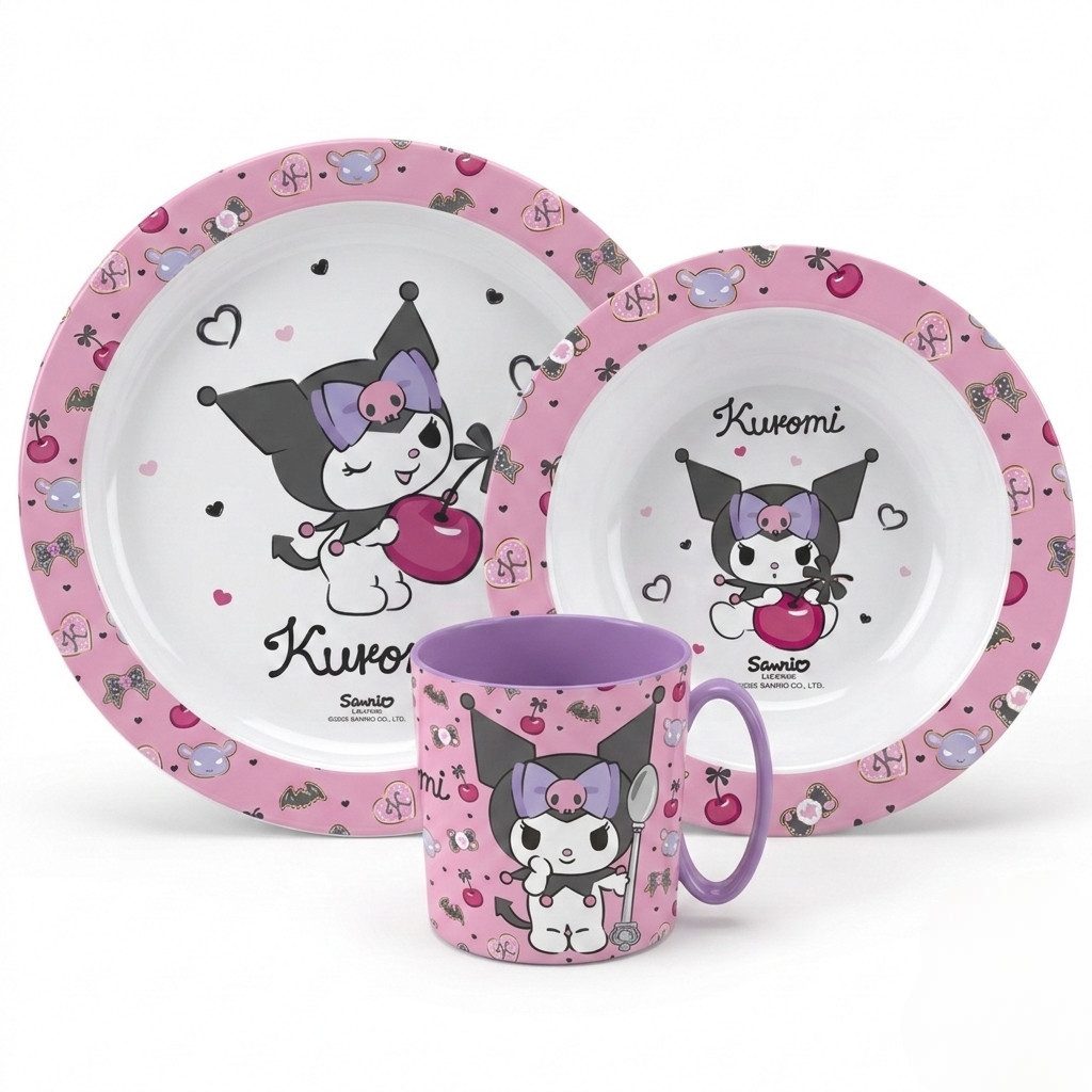 Hello Kitty Kindergeschirr-Set Hello Kitty Kuromi Kinder Geschirr-Set 3 teilig (3-tlg), 1 Personen, Becher (350 ml) Teller Schüssel