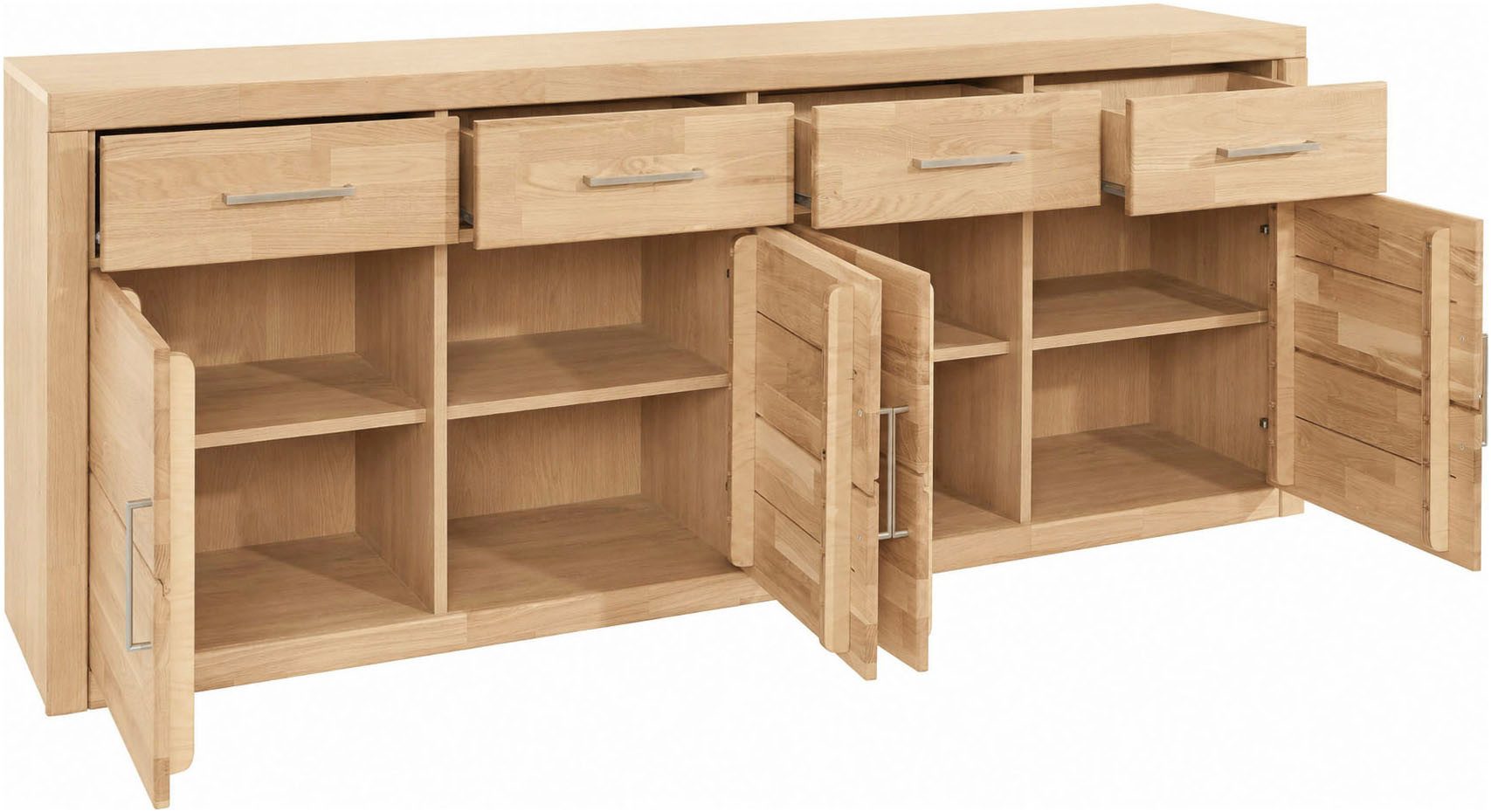 OTTO home Sideboard Trondheim,200 cm breit,42 cm tief, Fronten Holzmassiv, Metallgriffe, Korpus aus Holzwerkstoff,4 Türen, 4 Schubladen, insgesamt 8 Fächer