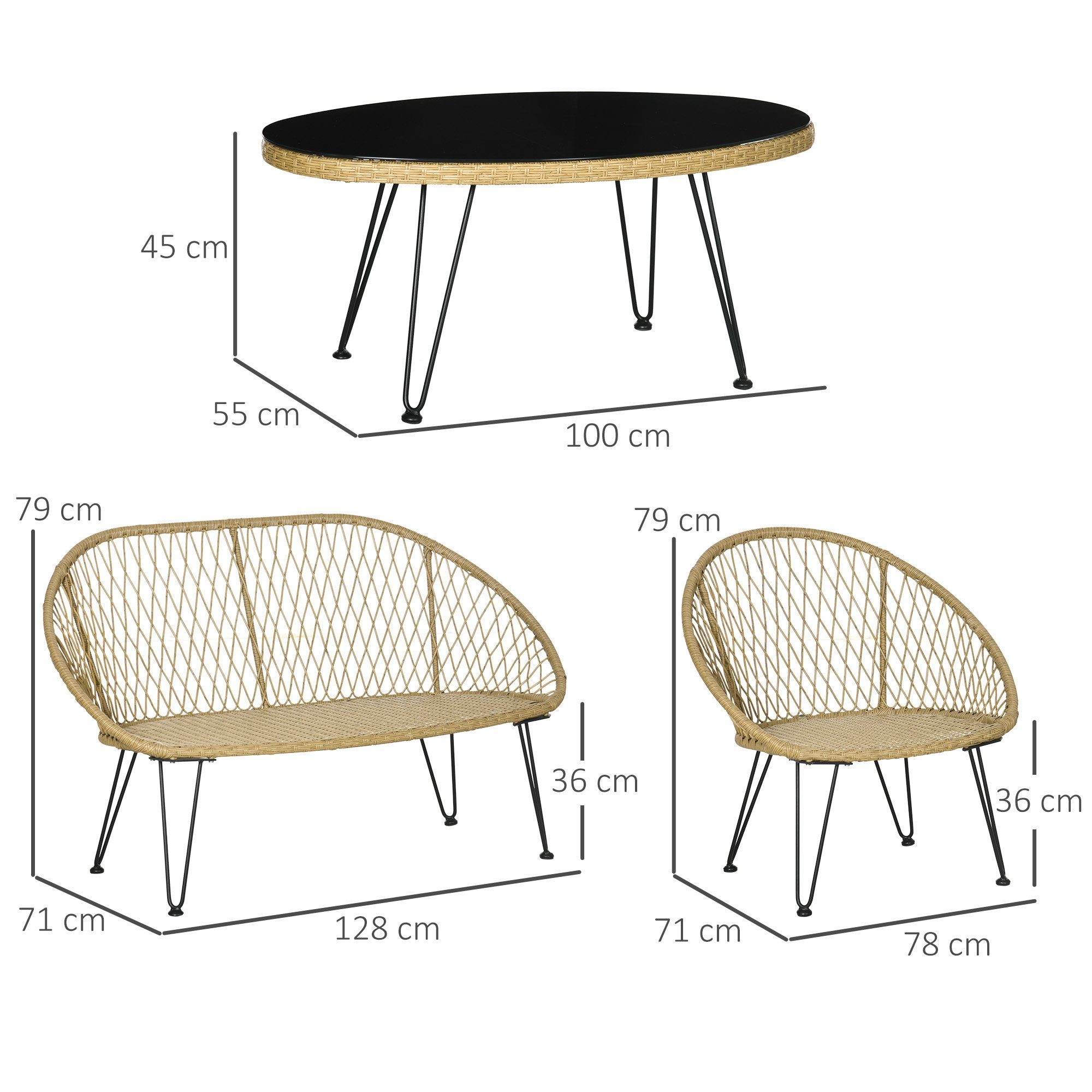 Gartenmöbel-Set), mit 3 Rattan Stühlen Sitzkissen, Tisch Sitzgruppe (Set, 4-tlg., mit Outsunny