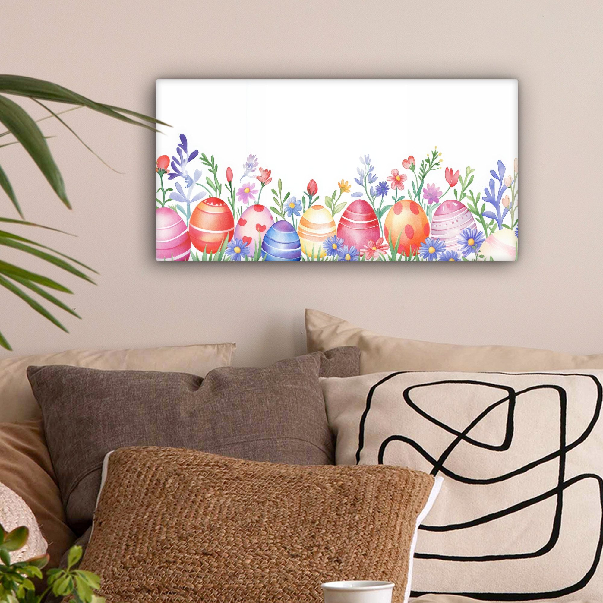 OneMillionCanvasses® Leinwandbild Panorama Blumengarten - Bunt - Eier - Ostern Deko, Fotodruck (1 St), Wandbild, Deko Schlafzimmer Wohnzimmer Flur 40x20 cm