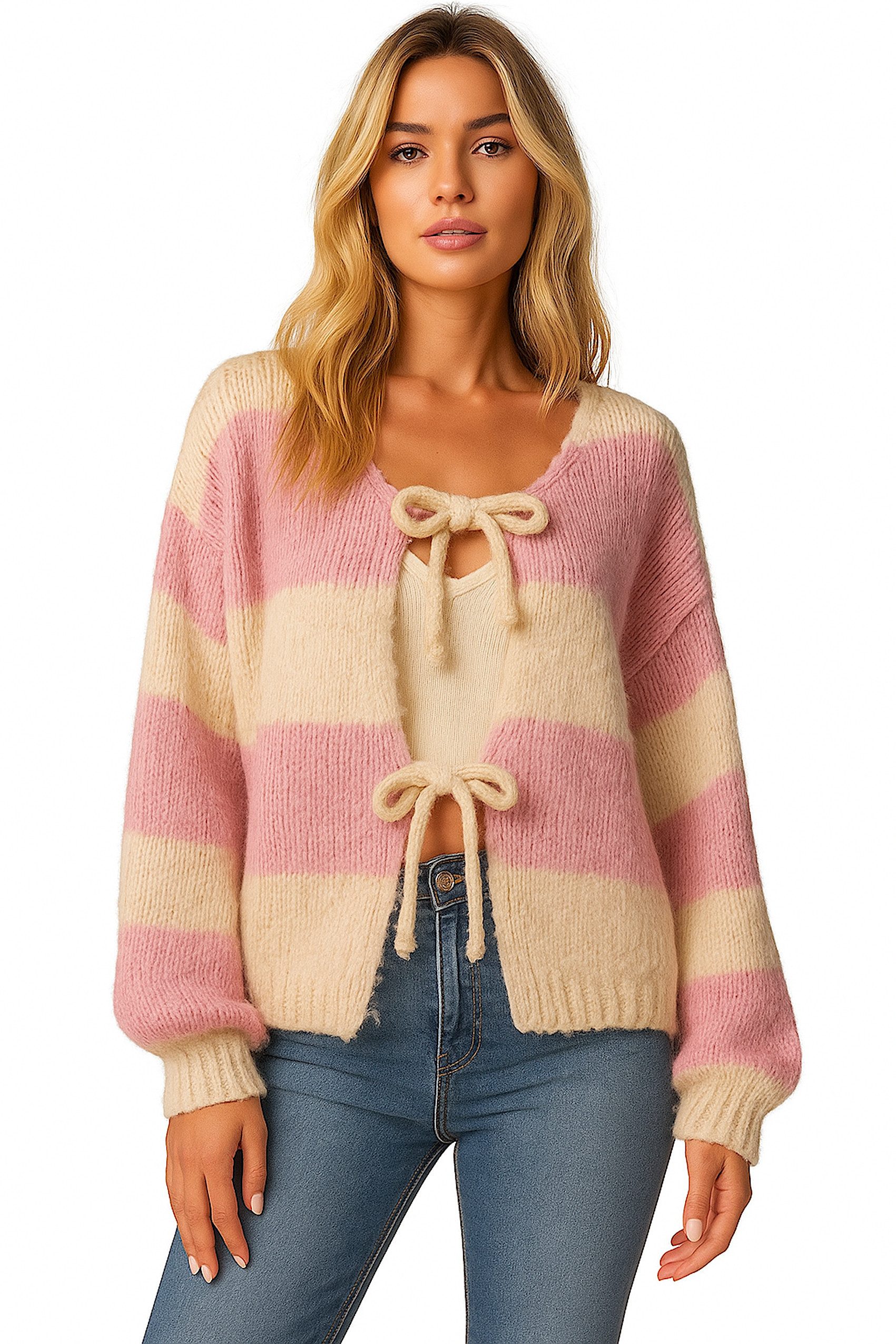 Worldclassca Cardigan WORLDCLASSCA Damen Cardigan Oversize Strickjacke mit Schleife Streifen Neue Kollektion - Stilvolle und gemütliche Strickmode für Damen