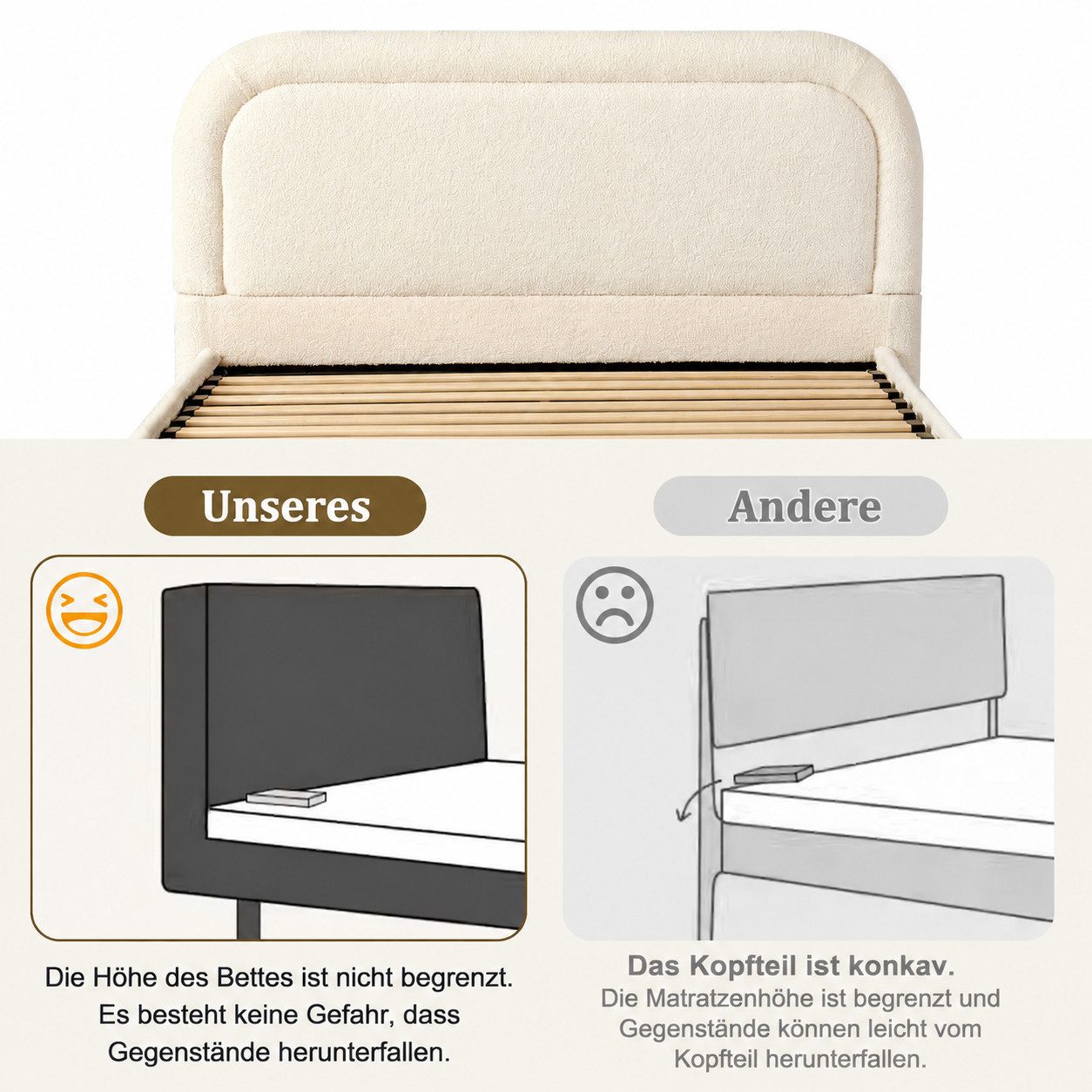 i@home Polsterbett Doppelbett mit Hydraulik-Bettkasten und Lattenrost (gepolstertes Kopfteil aus Bouclé in Beige, 1-tlg., 140x200/160x200 cm), Stauraumbett für  – Bild 5 von 5