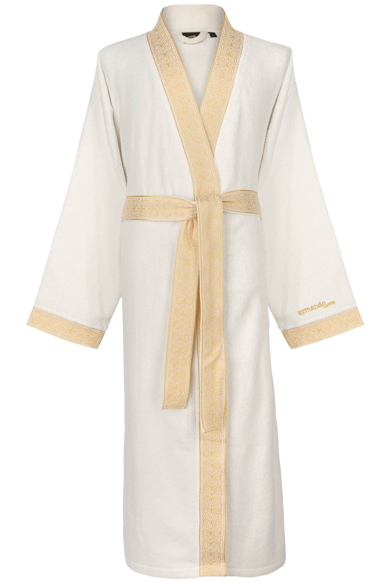 Aymando Bademantel Weiß, S, 100% Baumwolle, Kimono-Kragen, Bindegürtel, Gold gestickte Blende mit Ornament Optik, Geschenkverpackung | Damen Bademäntel