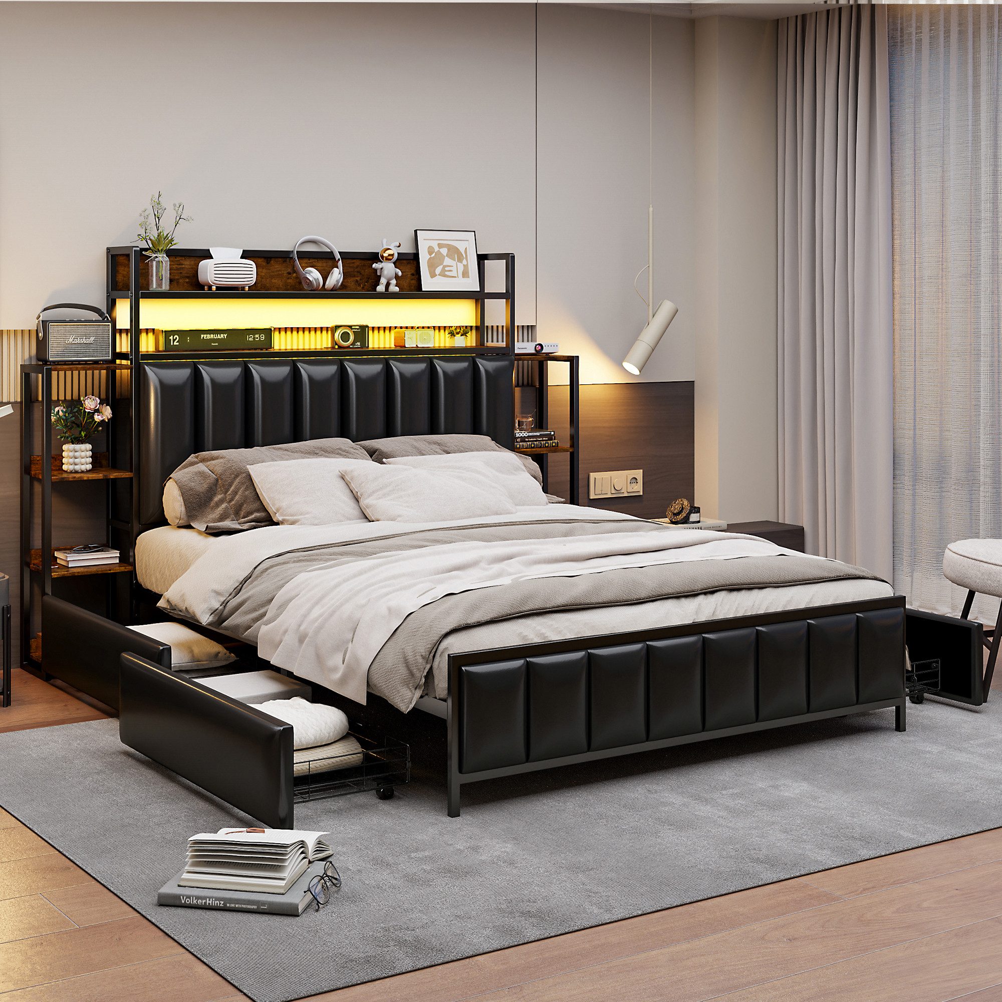 Flieks Metallbett, LED Polsterbett Doppelbett 140x200cm mit Stauraumregale, günstig online kaufen