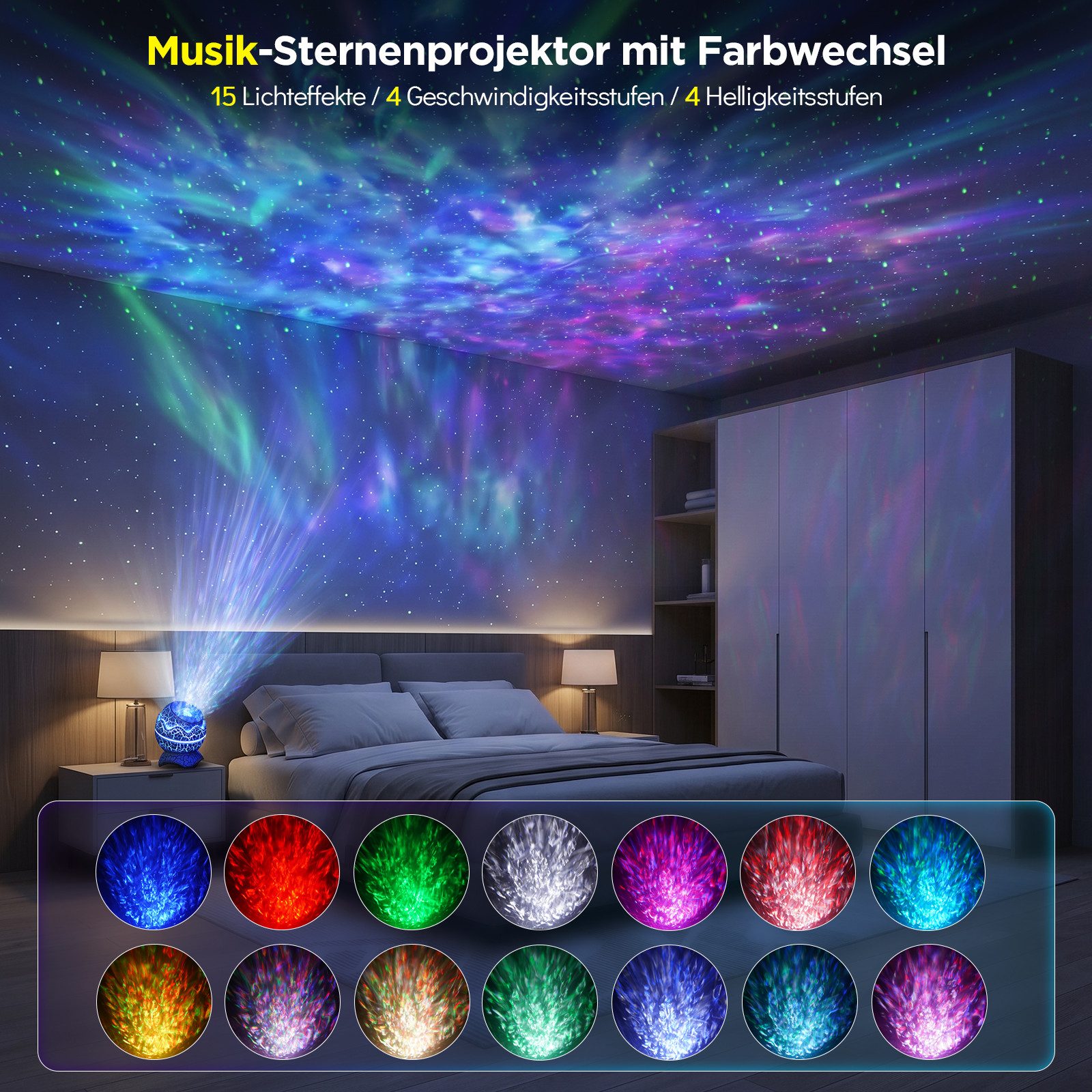 ANYSUN LED-Sternenhimmel Sternenhimmel Projektor mit Musikplayer Nachtlicht Aurora Effekt, LED Nachtlicht Polarlicht mit Fernbedienung, Weisse Rauschen Timer und Sternen für Kinder Erwachsene Deko