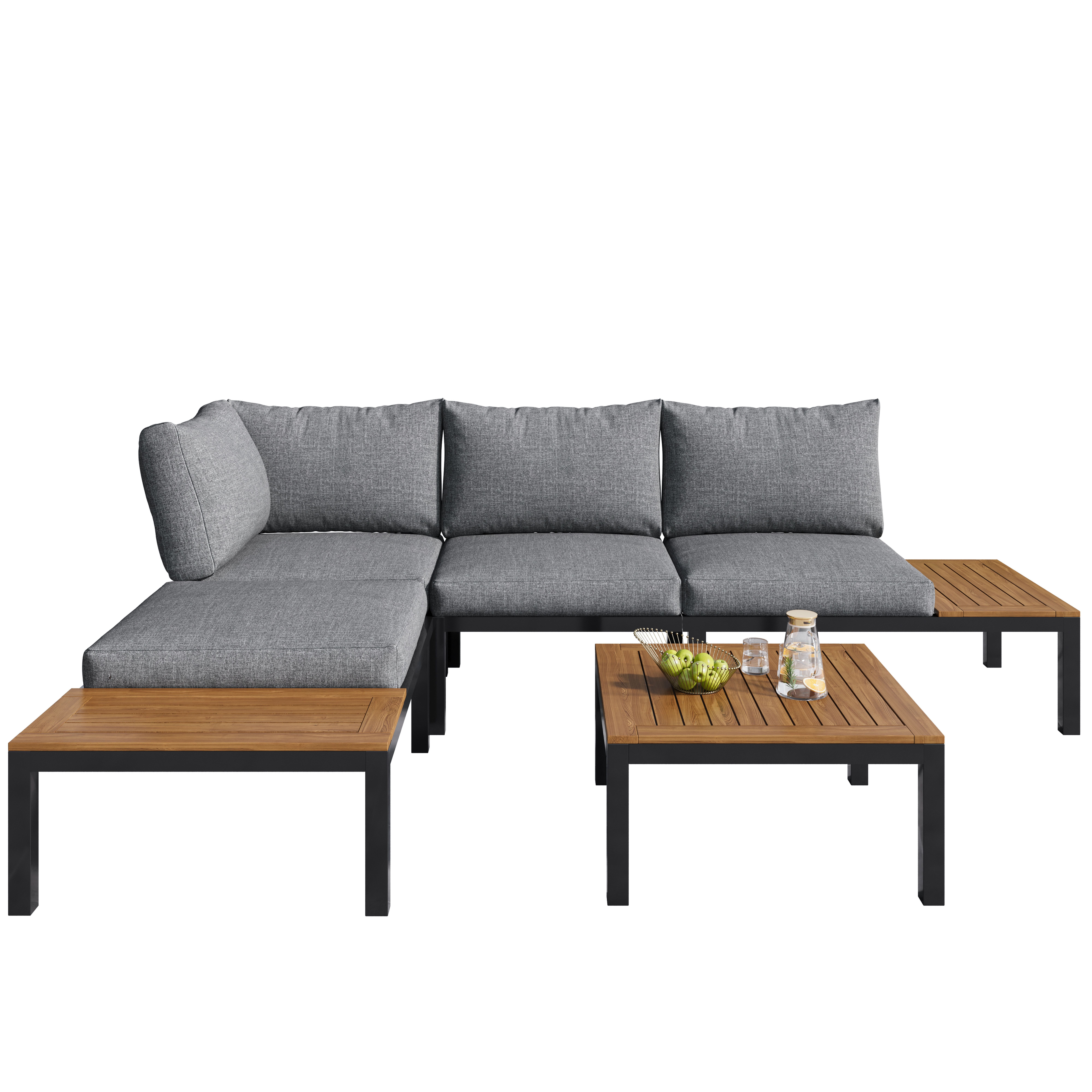 BlingBin Gartenlounge-Set Garten-Lounge-Set, Balkonset, Modernes Outdoor-Sofa-Set, (2 Zweisitzer, 2 Beistelltische, 1 Tisch, Tragendes Gewicht: 160kg/Einzelplatz, 80kg/Tisch), Tischplatte aus Massiver Akazie, Stoffbezug für Rückenlehne, Grau