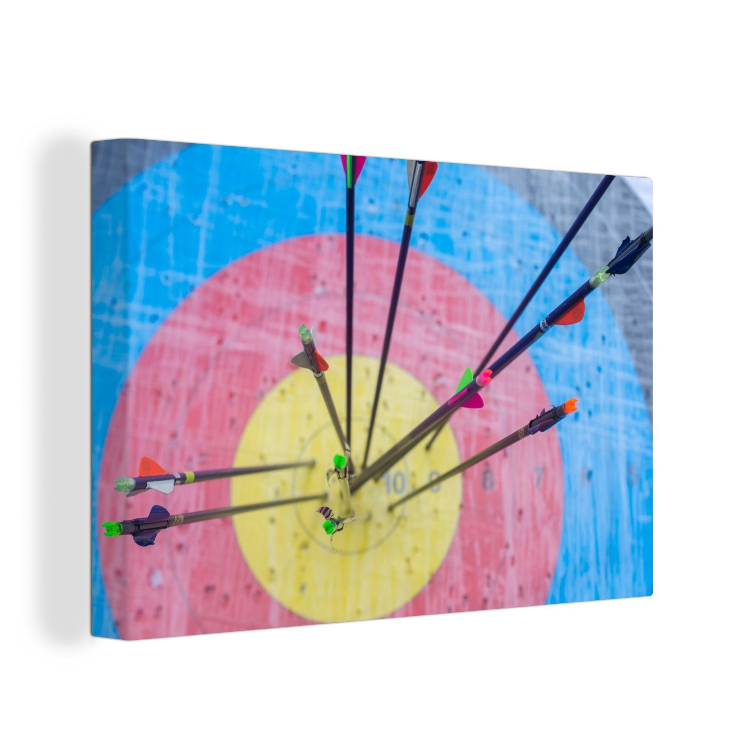 OneMillionCanvasses® Leinwandbild Bogenschießscheibe mit mehreren Pfeilen, (1 St), Wandbild Leinwandbilder, Aufhängefertig, Wanddeko, 30x20 cm