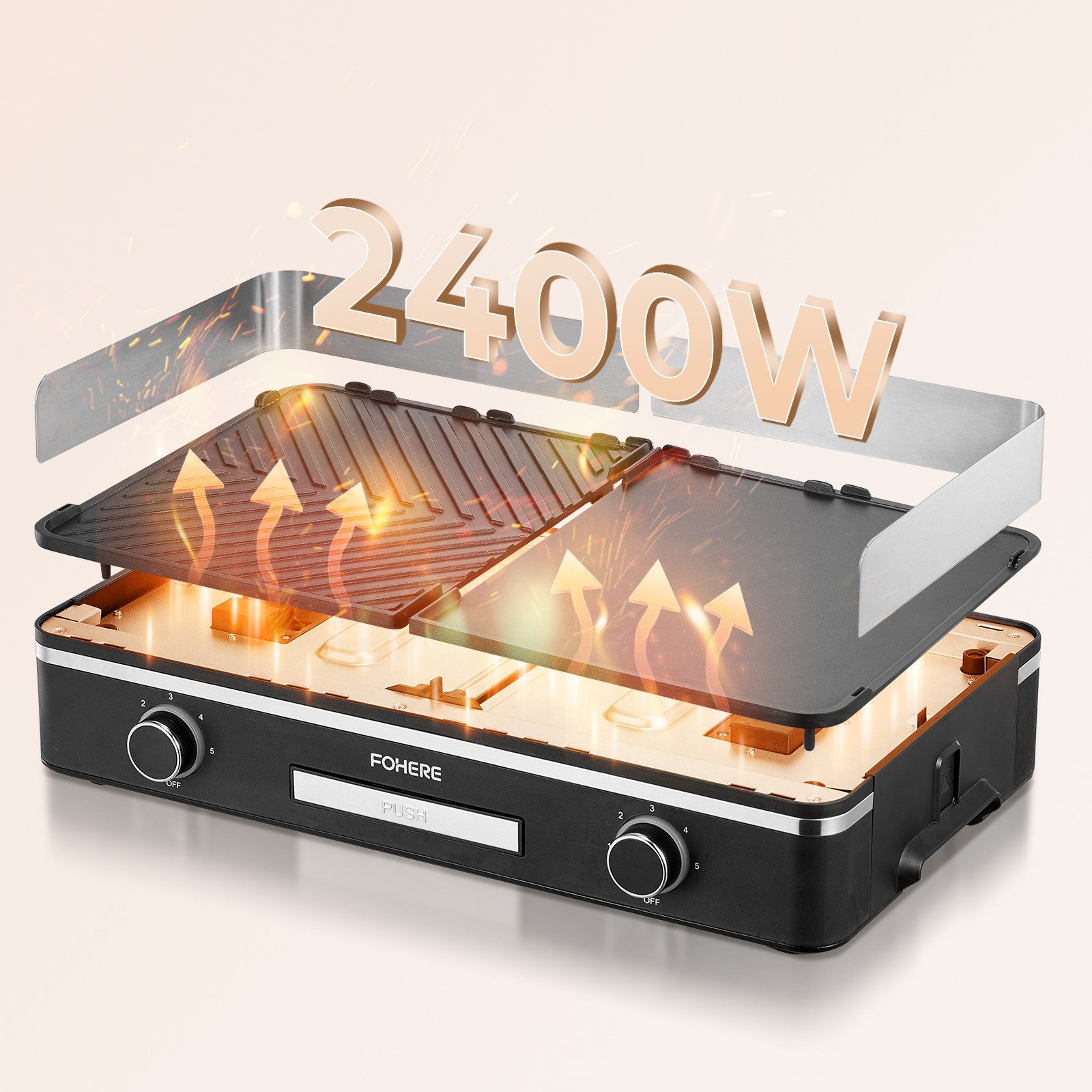 FOHERE Elektrogrill 2400W elektrisch Tischgrill mt Duo-Grill-System, 2400 W, 5-Stufige Temperaturkontrolle, Schwarz