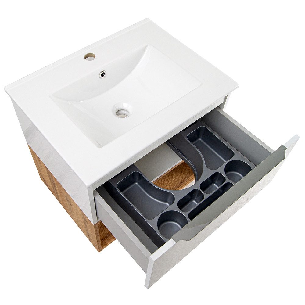 Lomadox Waschtisch NERVI-147, Waschbeckenunterschrank mit Waschbecken 60 cm Hochglanz weiß Eiche