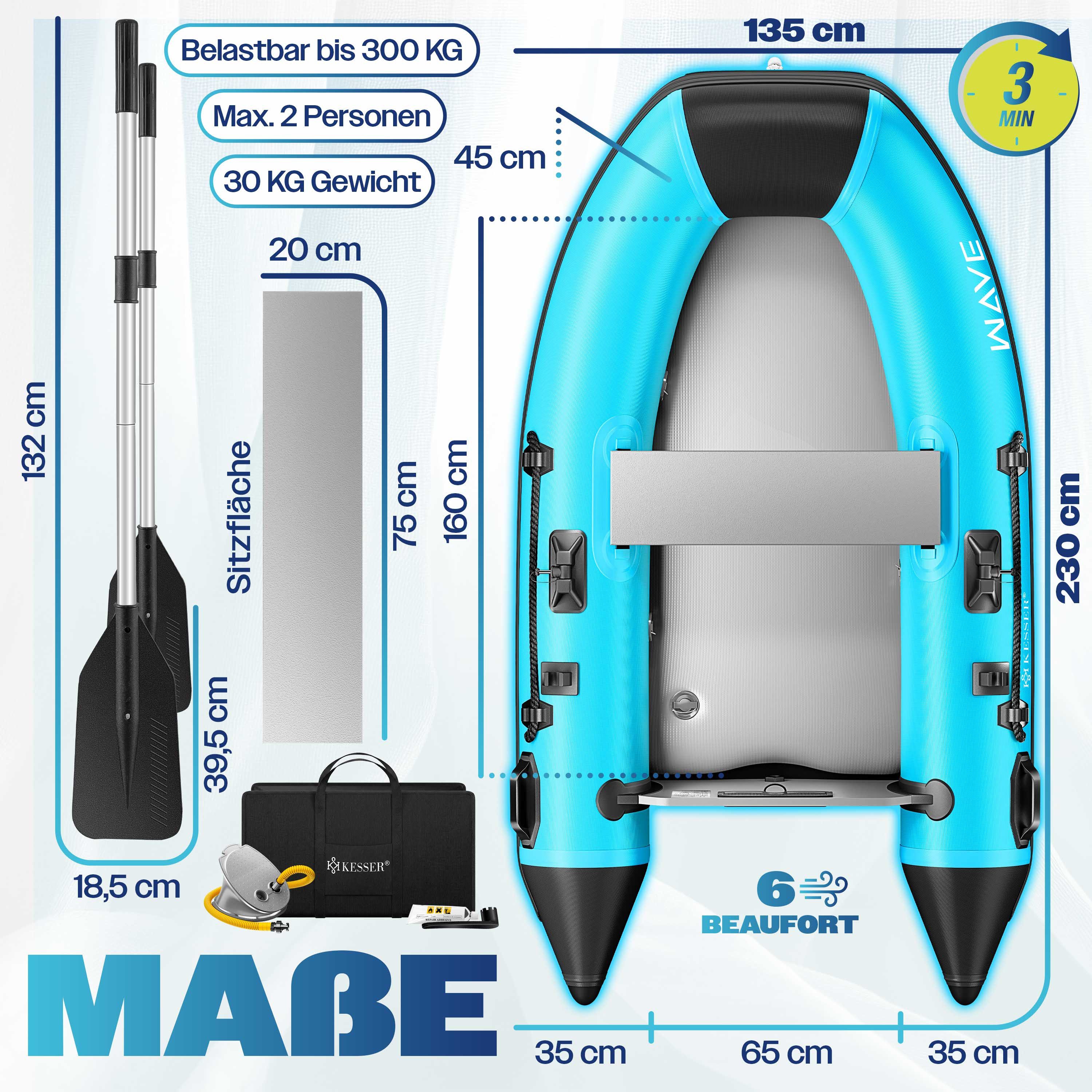 KESSER Schlauchboot aufblasbares Paddelboot für 2 Personen, motorisierbar, 2,30m, WAVE Motor geeignet