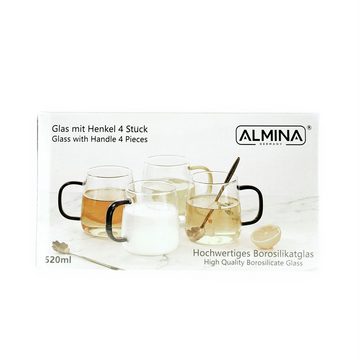 Almina Glas 4er Glas Set mit Henkel aus Hochwertigem Brosilikatglas 520 ml