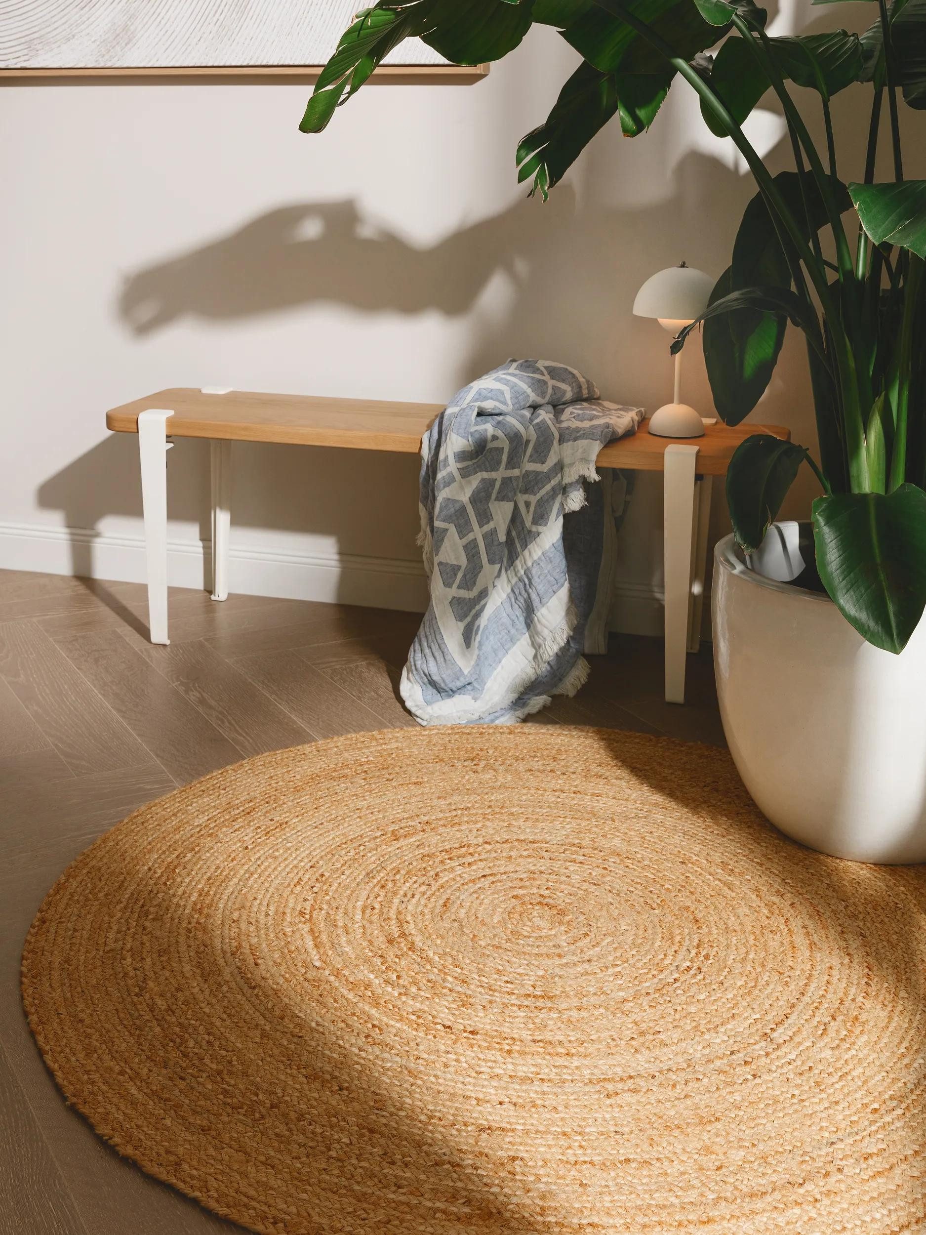 benuta Teppich Jutta, rund, Höhe: 5 mm, Hangefertigter Juteteppich, Zeitlos für Wohn-, Ess- und Schlafzimmer