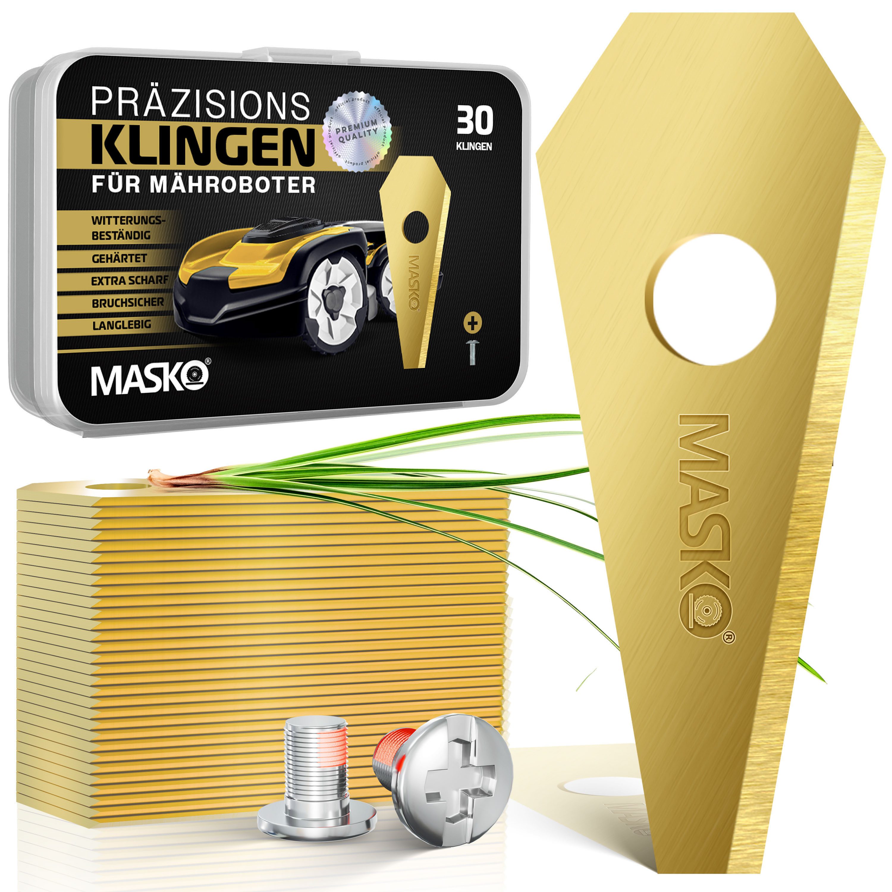 MASKO Mährobotermesser (30-St), Ersatzmesser Klingen für Mähroboter langlebig Titan-Beschichtung goldfarben