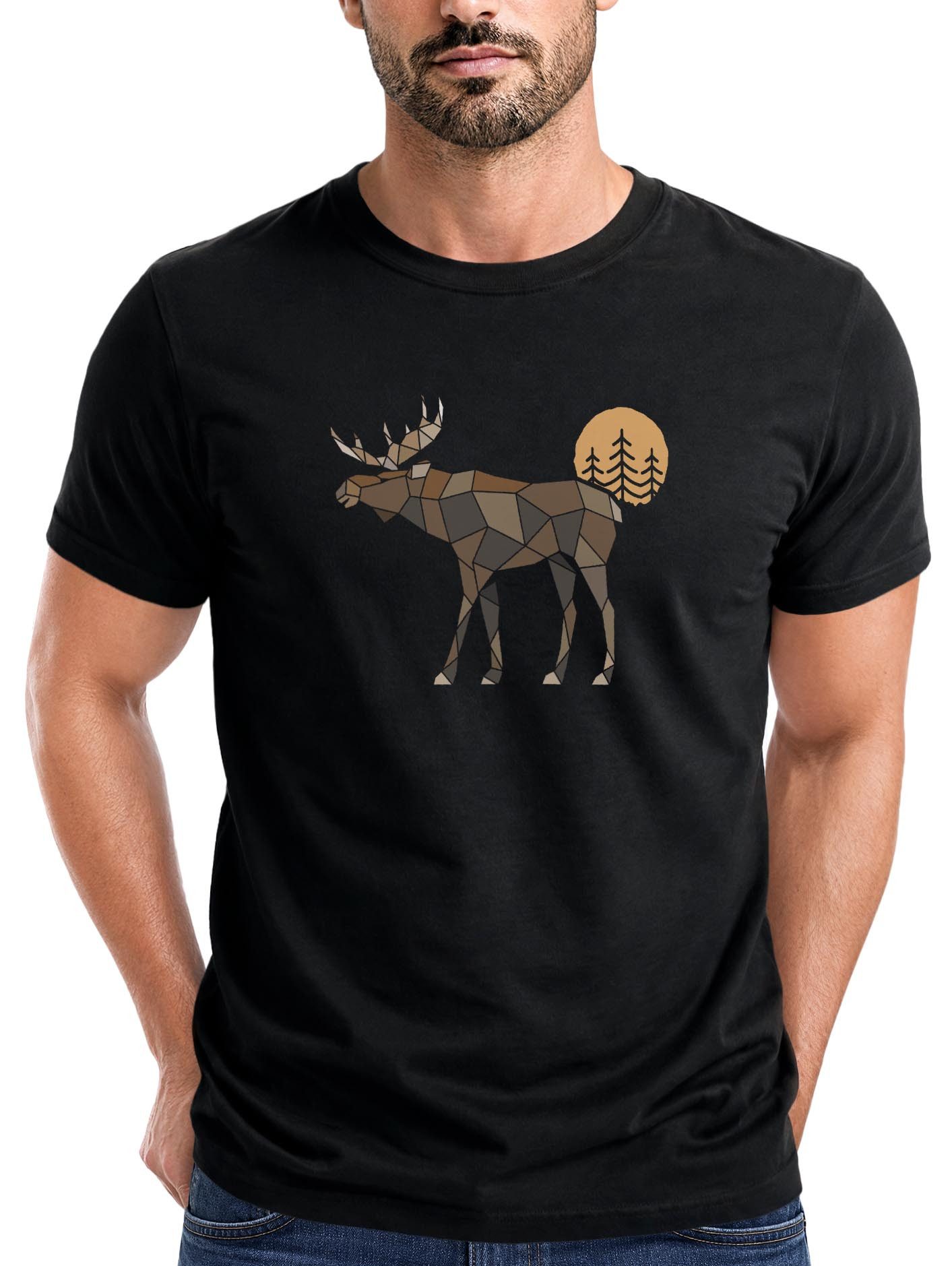 Print-Shirt Herren T-Shirt Shirt Printshirt mit Aufdruck Polygon Elch Outdoor