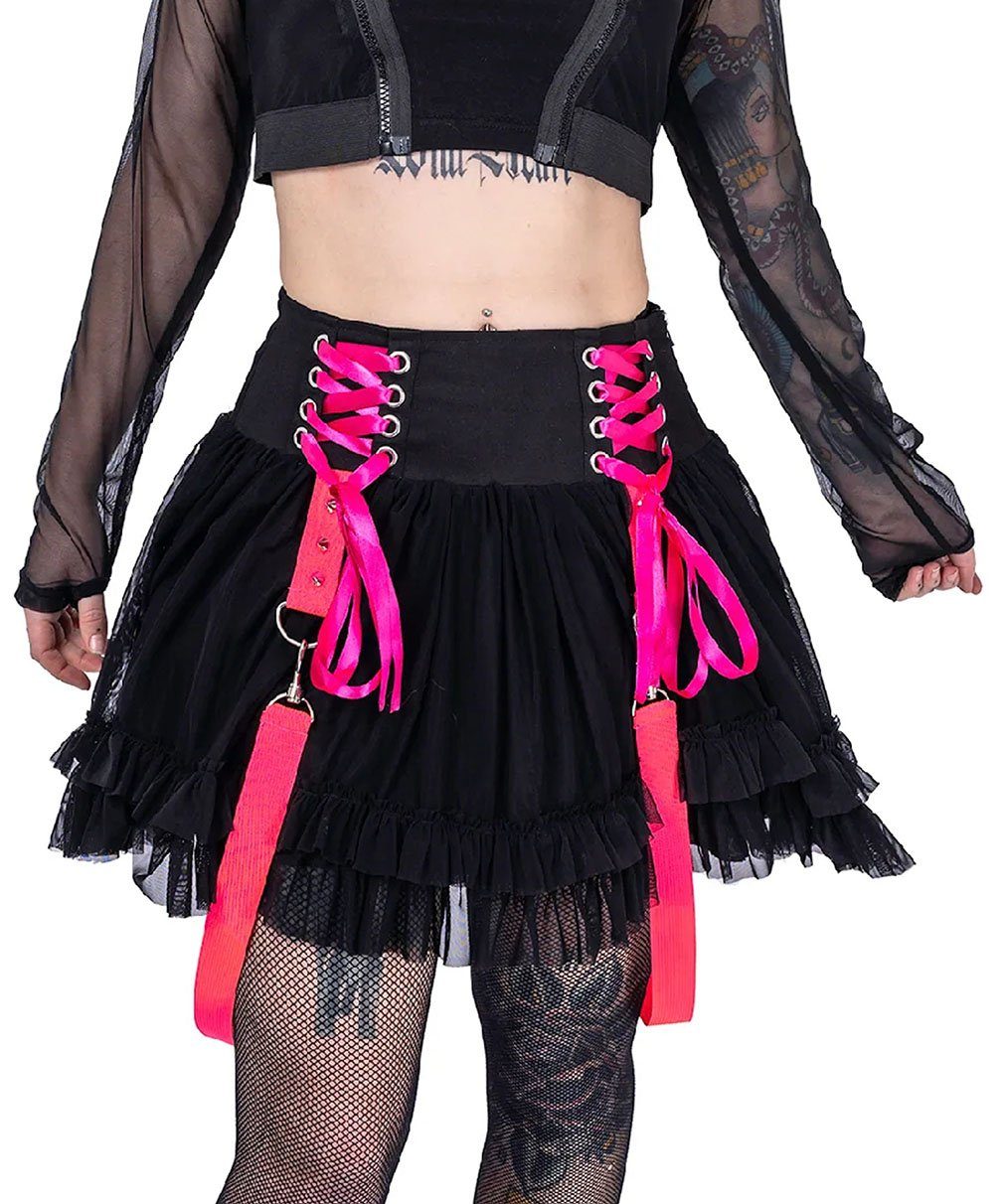 Poizen Industries Stufenrock Chaotic Schwarz Pink Goth Gothic Schnürung Volant Riemen Nieten