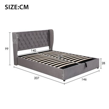 WISHDOR Polsterbett Doppelbett Stauraumbett mit Lattenrost ohne Matratze (140*200cm Grau), Hydraulisches Funktionsbett mit Lattenrost und Stauraum