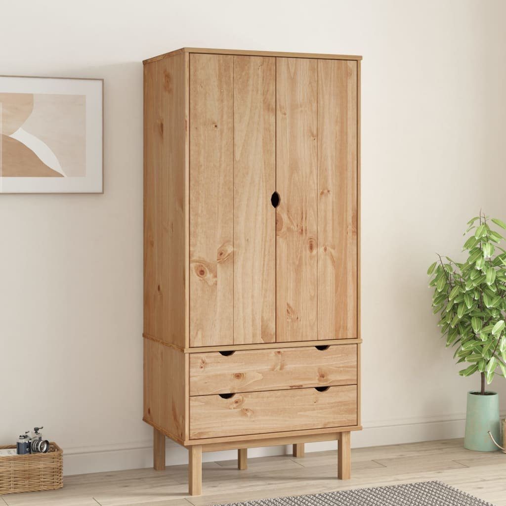 furnicato Kleiderschrank Skandinavischer Holz-76,5 x 53 x 172 cm Garderobenschrank aus Kiefernholz mit zwei Schubladen und Fach