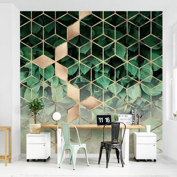 Bilderdepot24 Vliestapete Abstrakt Grüne Blätter goldene Geometrie Tapete Wanddeko Modern Kunst, Glatt, Matt, (Inklusive Gratis-Kleister oder selbstklebend), Wohnzimmer Schlafzimmer Küche Flur Fototapete Motivtapete Wandtapete