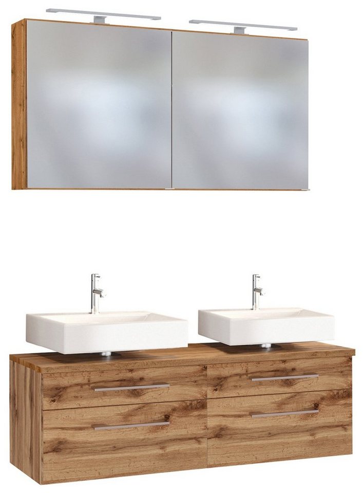 HELD MÖBEL Badmöbel-Set Unterbecken-Set Davos 120 cm mit Spiegelschrank  Wotaneiche/Wotaneiche