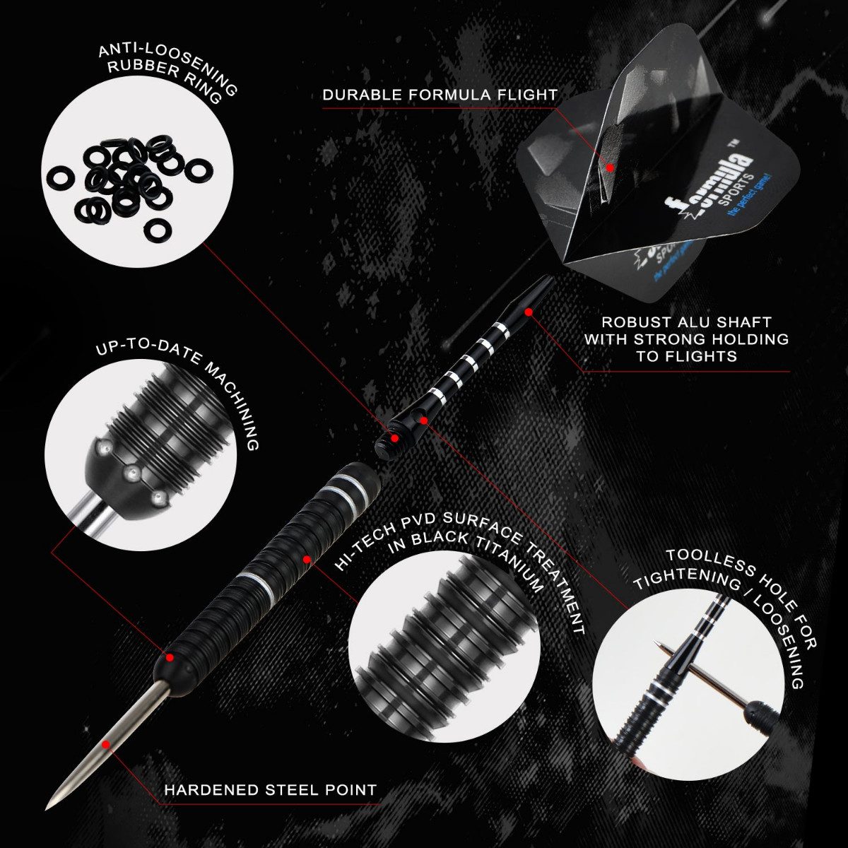 Formula Sports Dartpfeil FST180 Gen 3 Steeldart Set 24g mit langlebigen Tungsten Barrels, Silberne und schwarze Gripringe mit stabilem Wolframbarrel