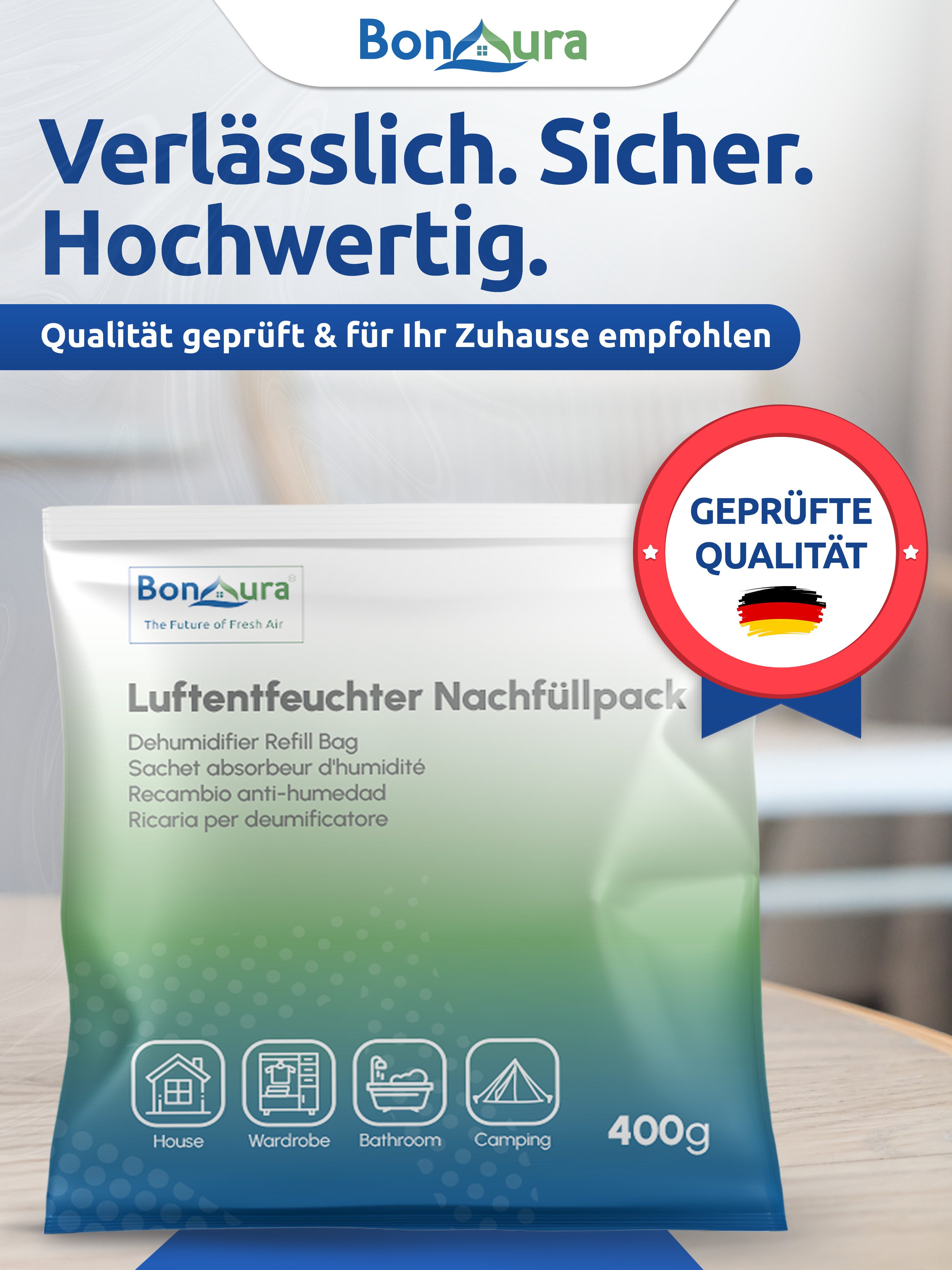 BonAura Luftentfeuchter-Nachfüllpack gegen Schimmel und Gerüche, für AirOne Select, Spar-Set, 12 x 400g Luftentfeuchter Granulat – Bild 4 von 5