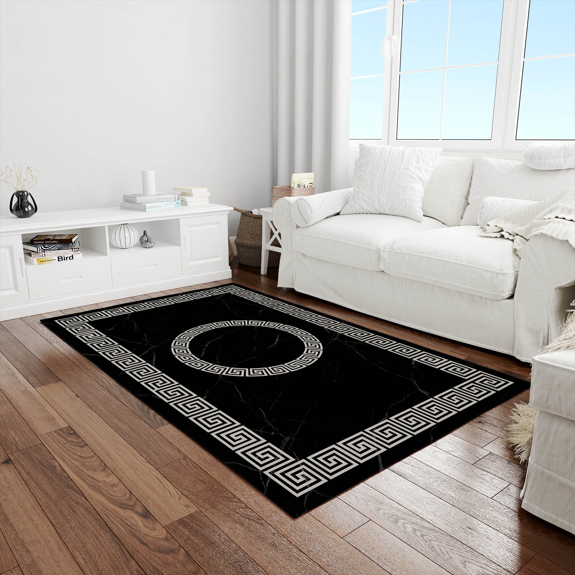 Jungengel Teppich Schwarzer Teppich mit Marmoroptik und griechischem Muster günstig online kaufen