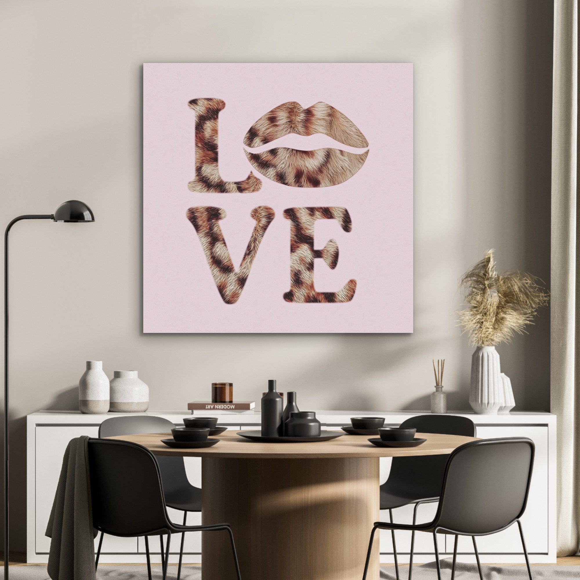 MuchoWow Gemälde Text - Liebe - Panthermantel - Hellrosa, Fotodruck (1 St), Akustikbilder PET-Filz, Wandpaneele, Akustikpaneele 90x90 cm