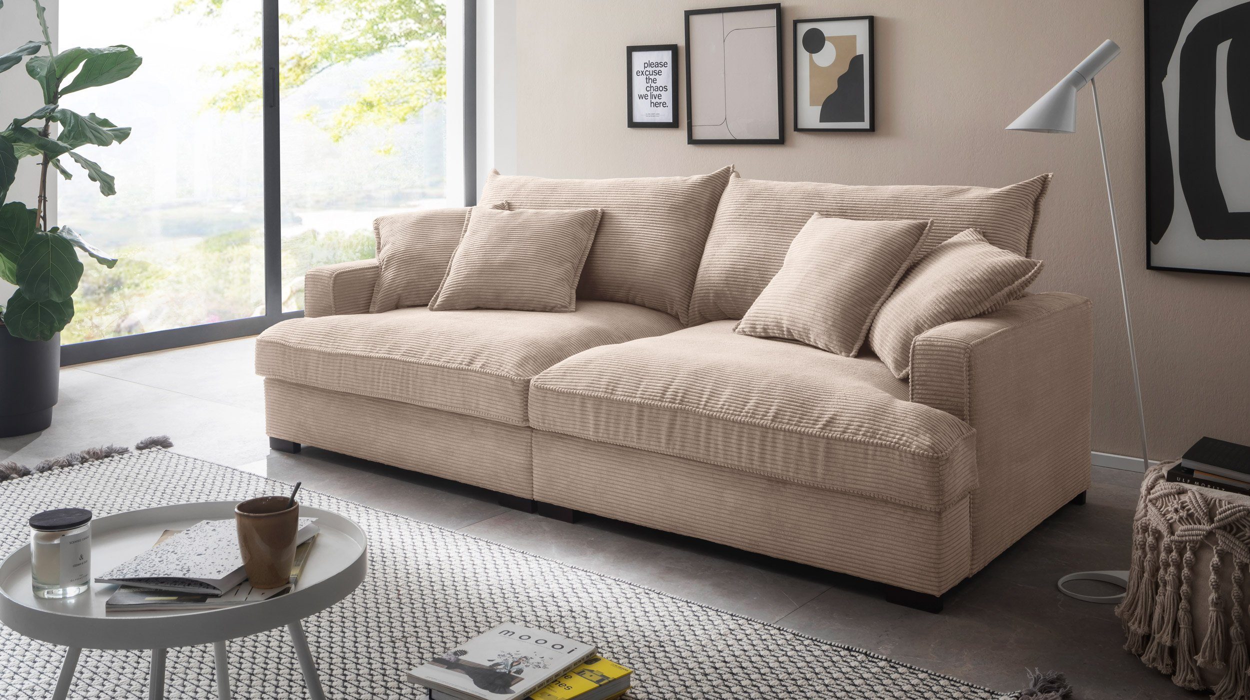 Massivart® Big-Sofa TRIBECCA Cord beige 242 cm / 4-Sitzer, Cordsofa, Nosagunterfederung, 2 Rückenkissen, 4 Zierkissen