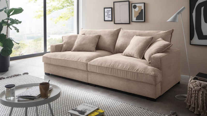 Massivart® Big-Sofa TRIBECCA Cord beige 242 cm / 4-Sitzer, Cordsofa, Nosagunterfederung, 2 Rückenkissen, 4 Zierkissen