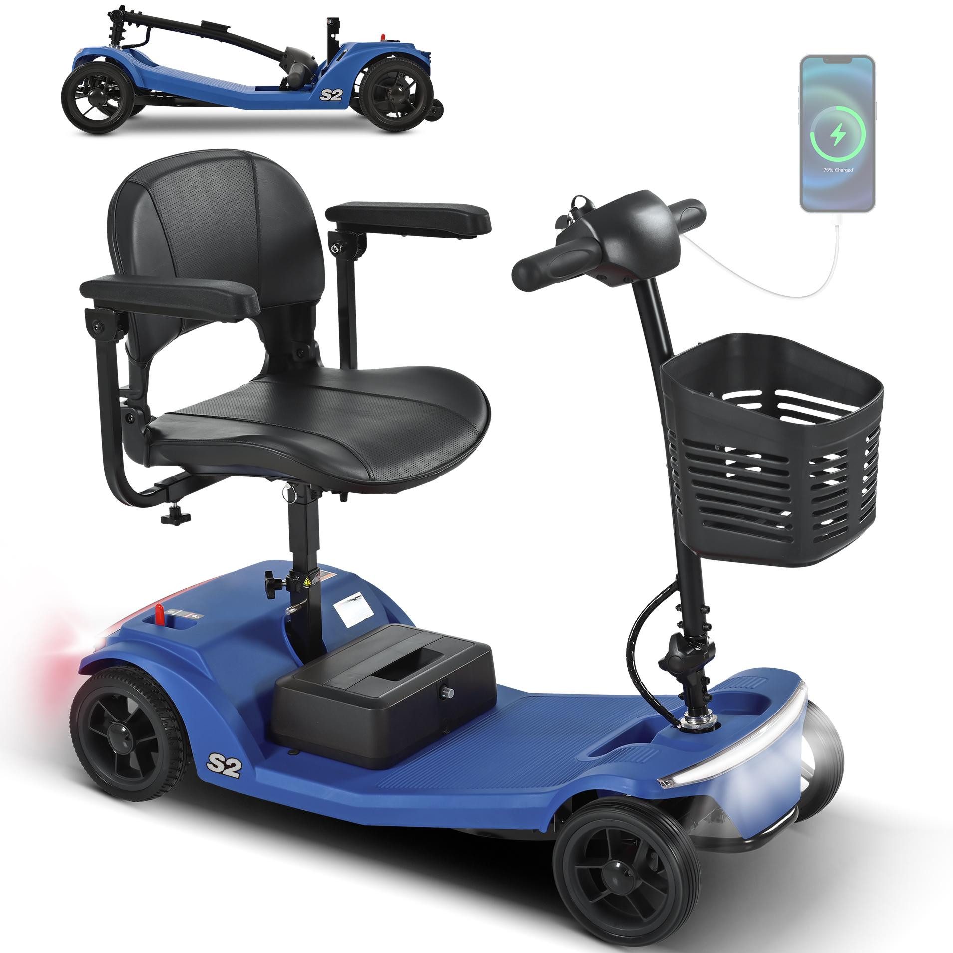 LVHOM Elektromobil S1/S2, faltbar, 4-Rad-Scooter, 15-25km, 12Ah, 250 W, 6 km/h, (abnehmbar Blei-Säure-Ionen Batterie + USB-Ladeanschluss + Vorderer Aufbewahrungskorb + Atmungsaktiver Höhenverstellbarer Sitz + verstellbarer Lenker + XXL-Fußraum), 136 kg Tr.Kr. Gesamtgewicht: 37kg