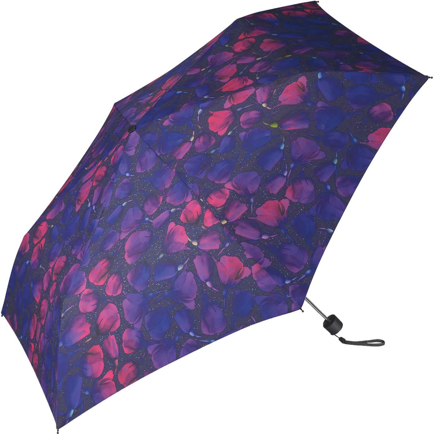 Pierre Cardin Taschenregenschirm lilafarbenen Damen-Taschenschirm mit Handöffner, mit schlanker stilvollem Blumen-Muster