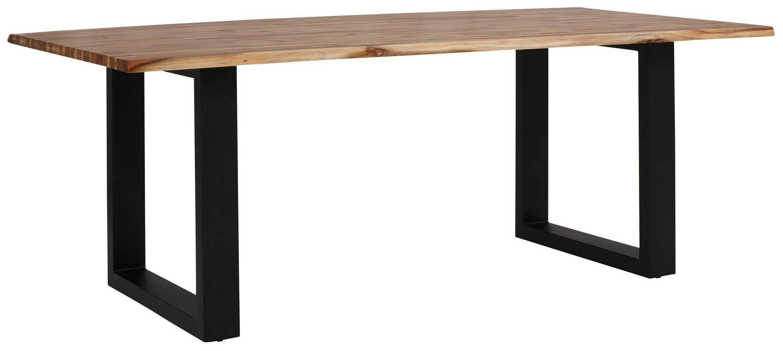 loft24 Esstisch Mangani, Tischplatte aus Akazie in Baumkanten Look, Kufengestell aus Metall schwarz